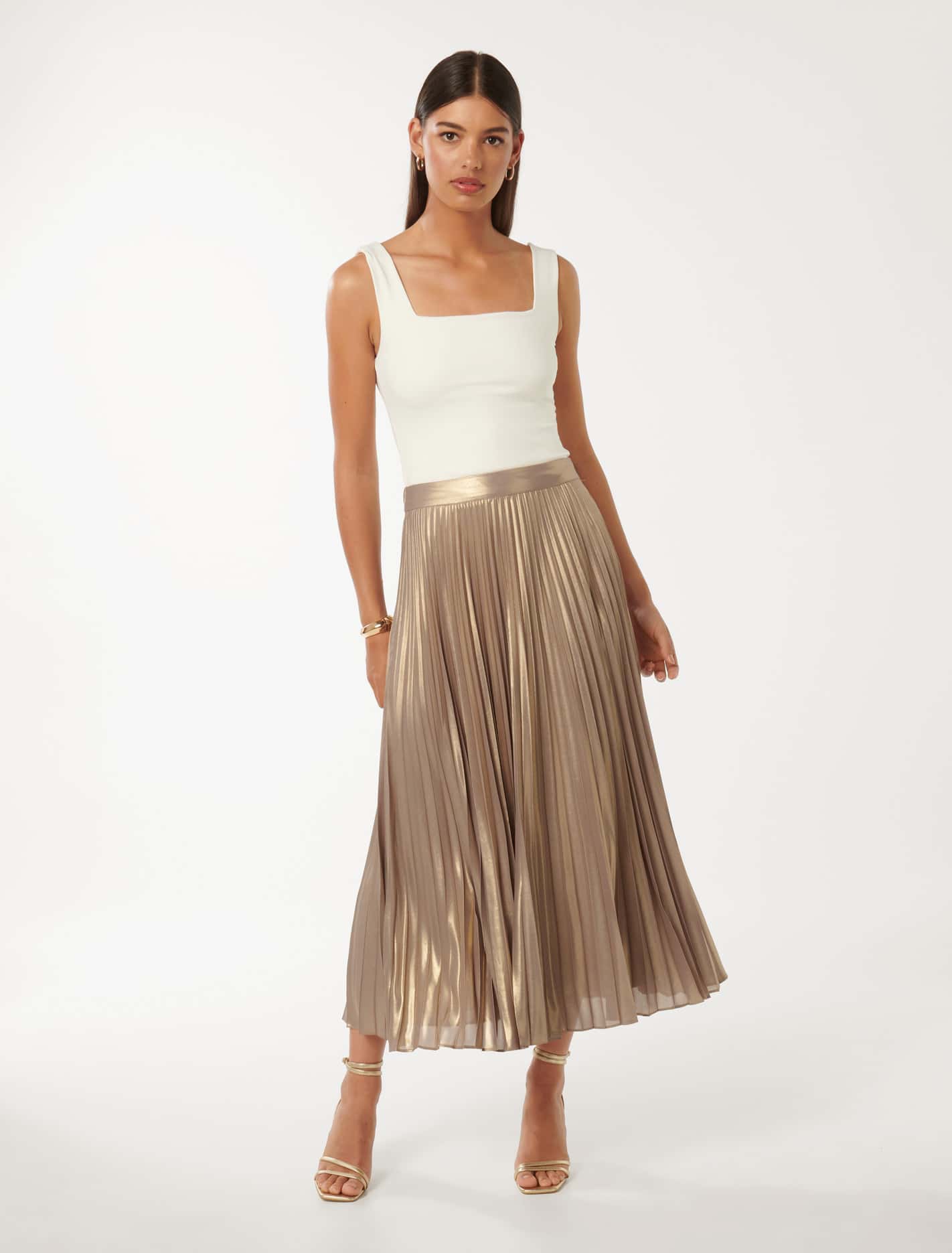 Estella Metallic Pleated Maxi Skirt Soft Gold