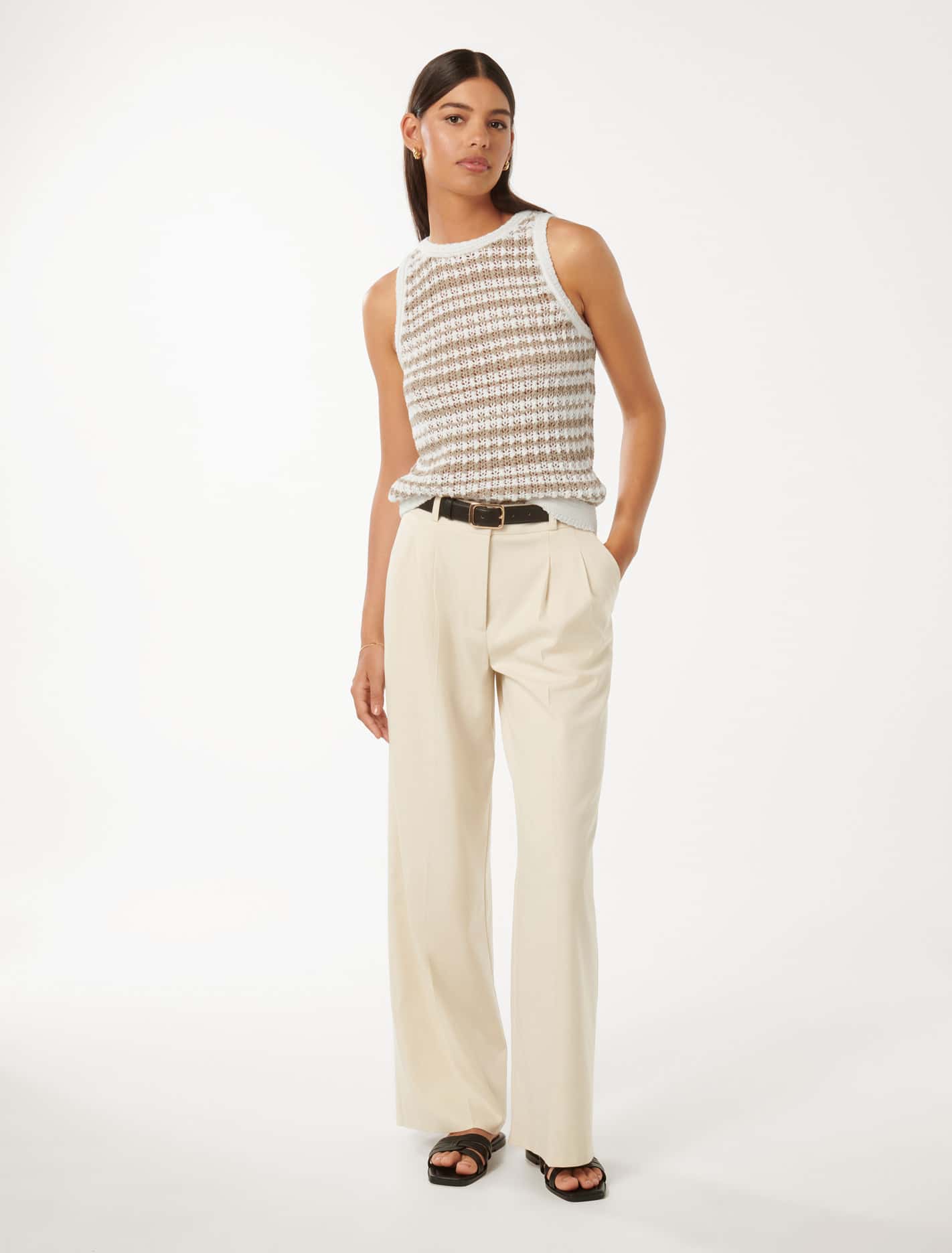 Bailee Stripe Crochet Look Top Neutral Stripe