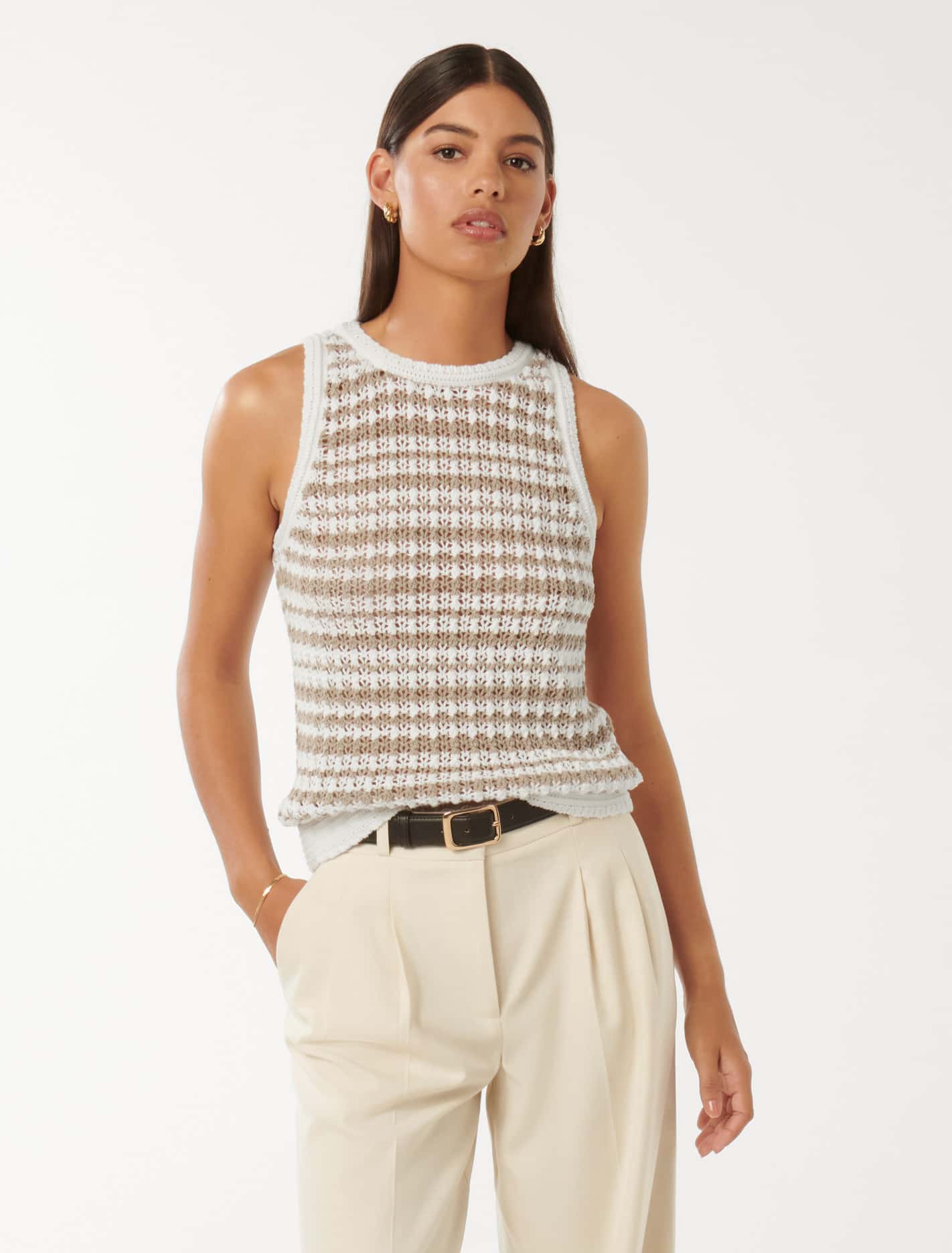 Bailee Stripe Crochet Look Top Neutral Stripe