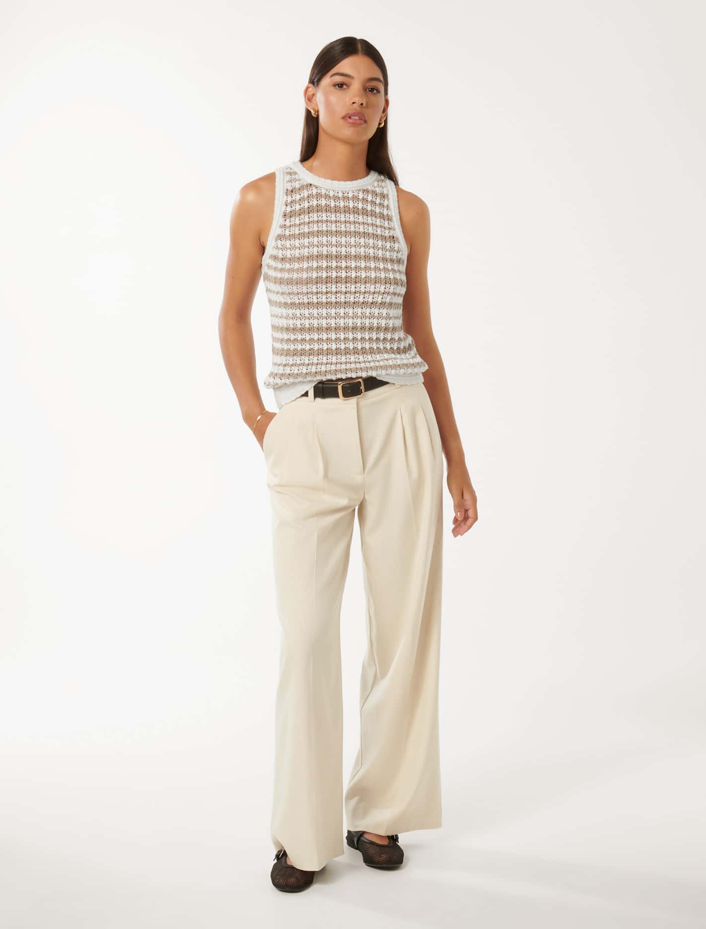 Bailee Stripe Crochet Look Top Neutral Stripe