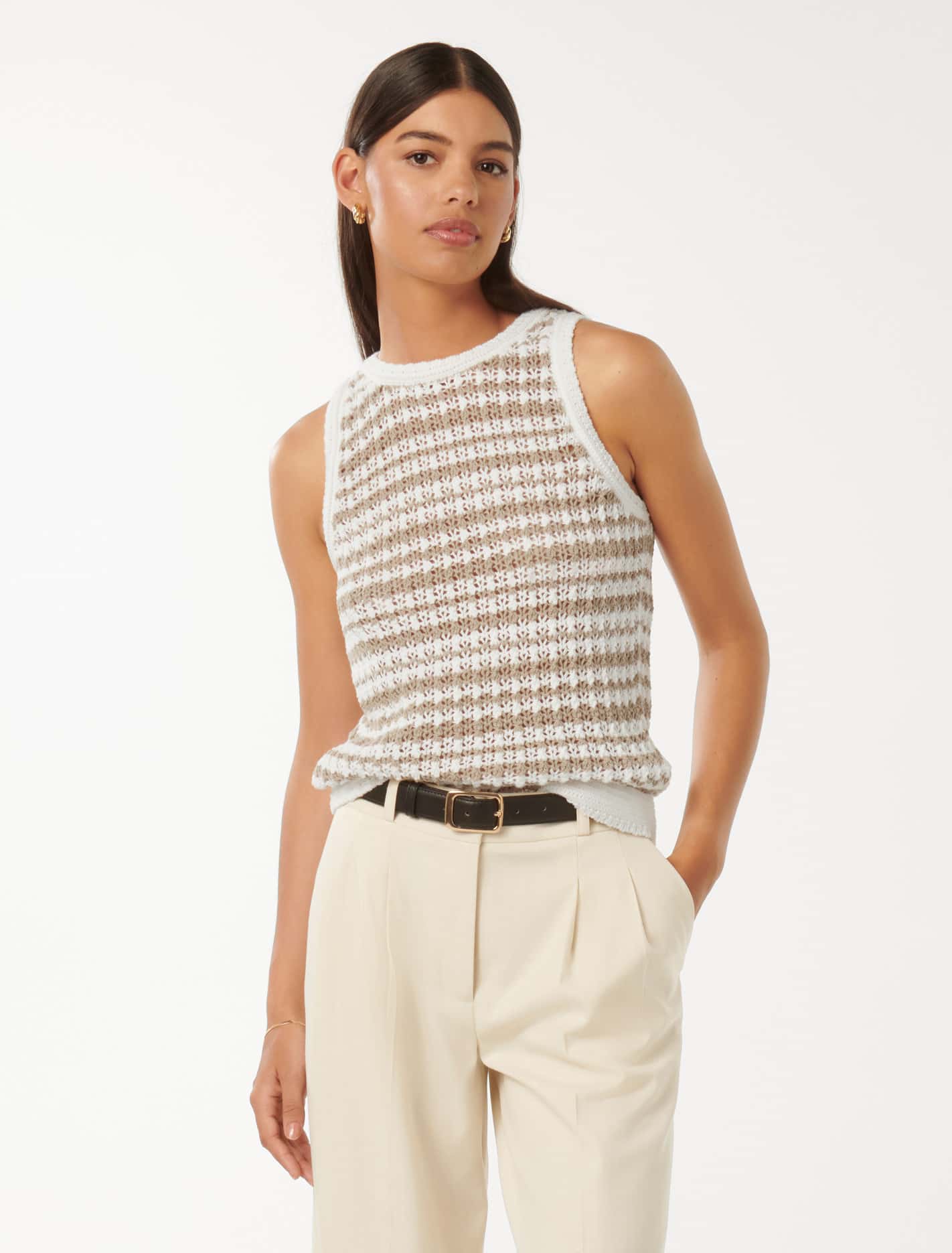 Bailee Stripe Crochet Look Top Neutral Stripe
