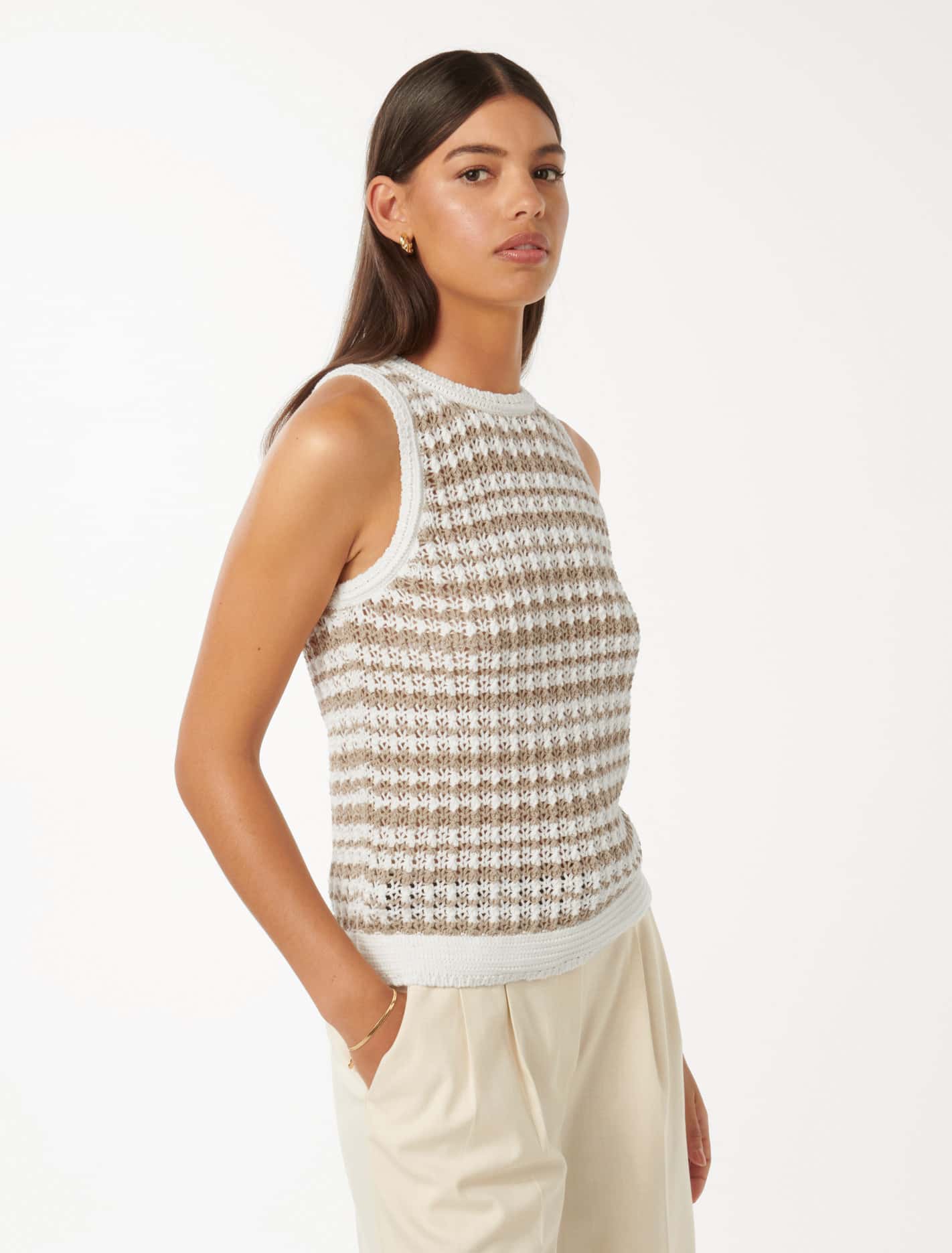 Bailee Stripe Crochet Look Top Neutral Stripe