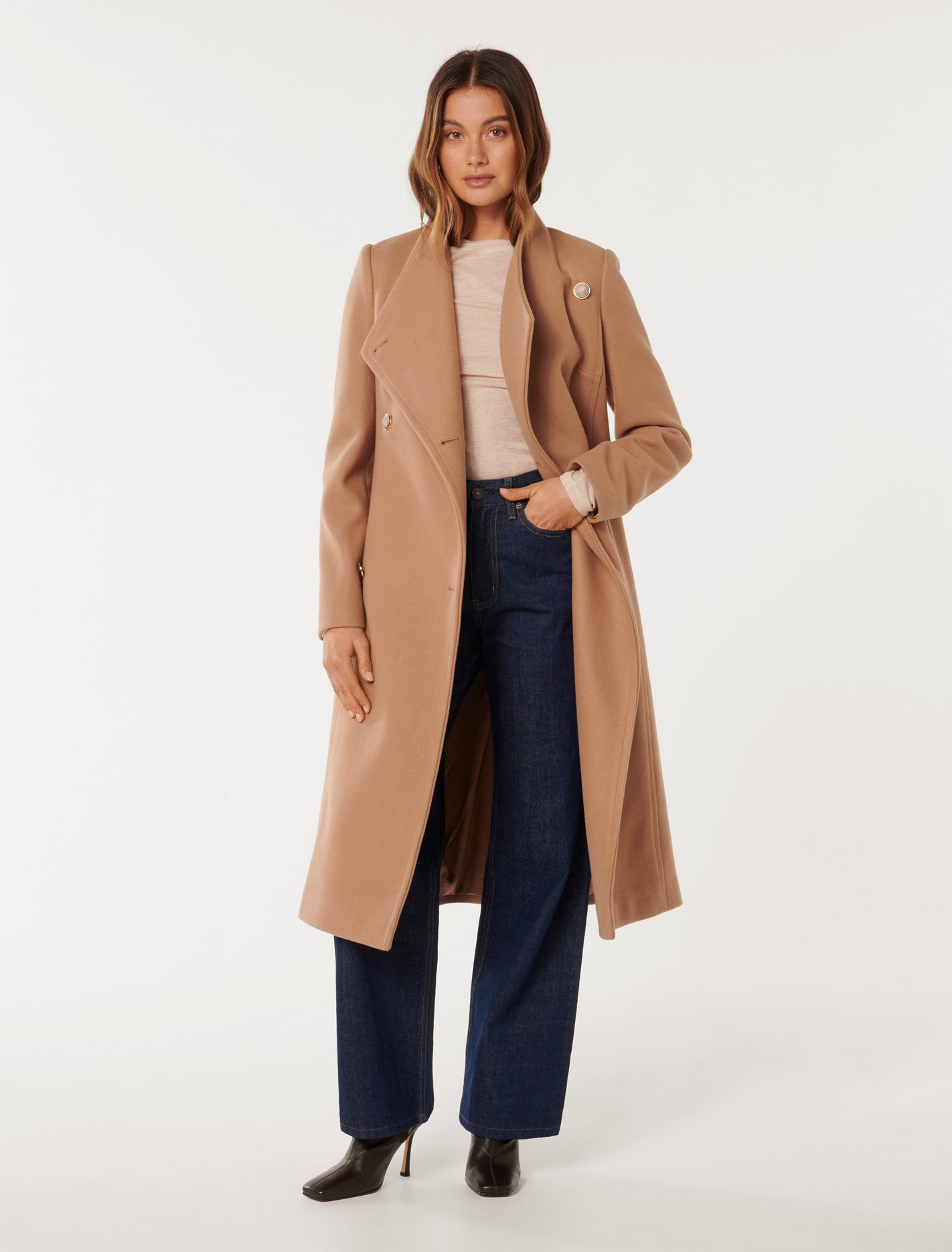 Ari Funnel-Neck Coat Camel
