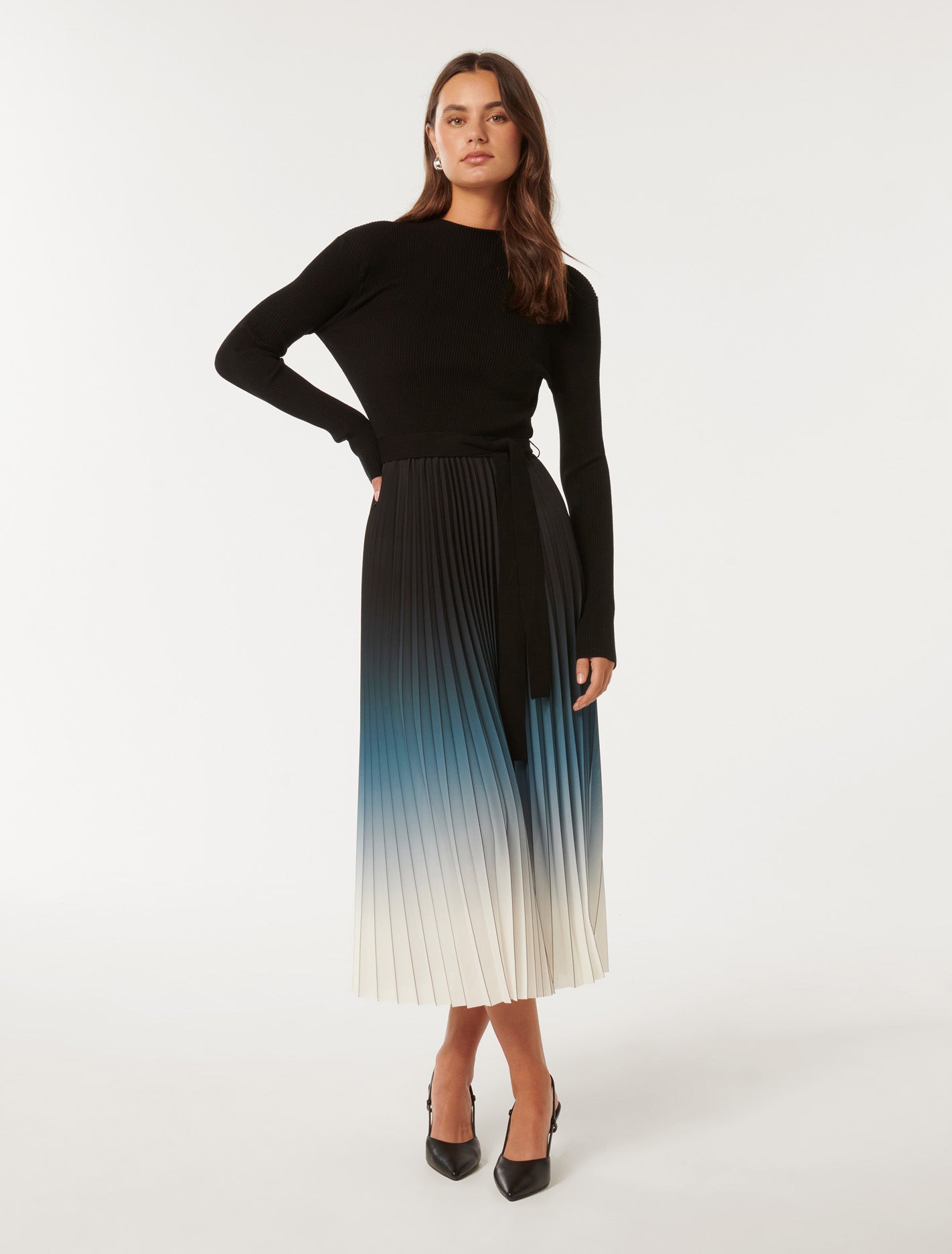 Harmony Ombre Pleat Midi Dress Black Ombre