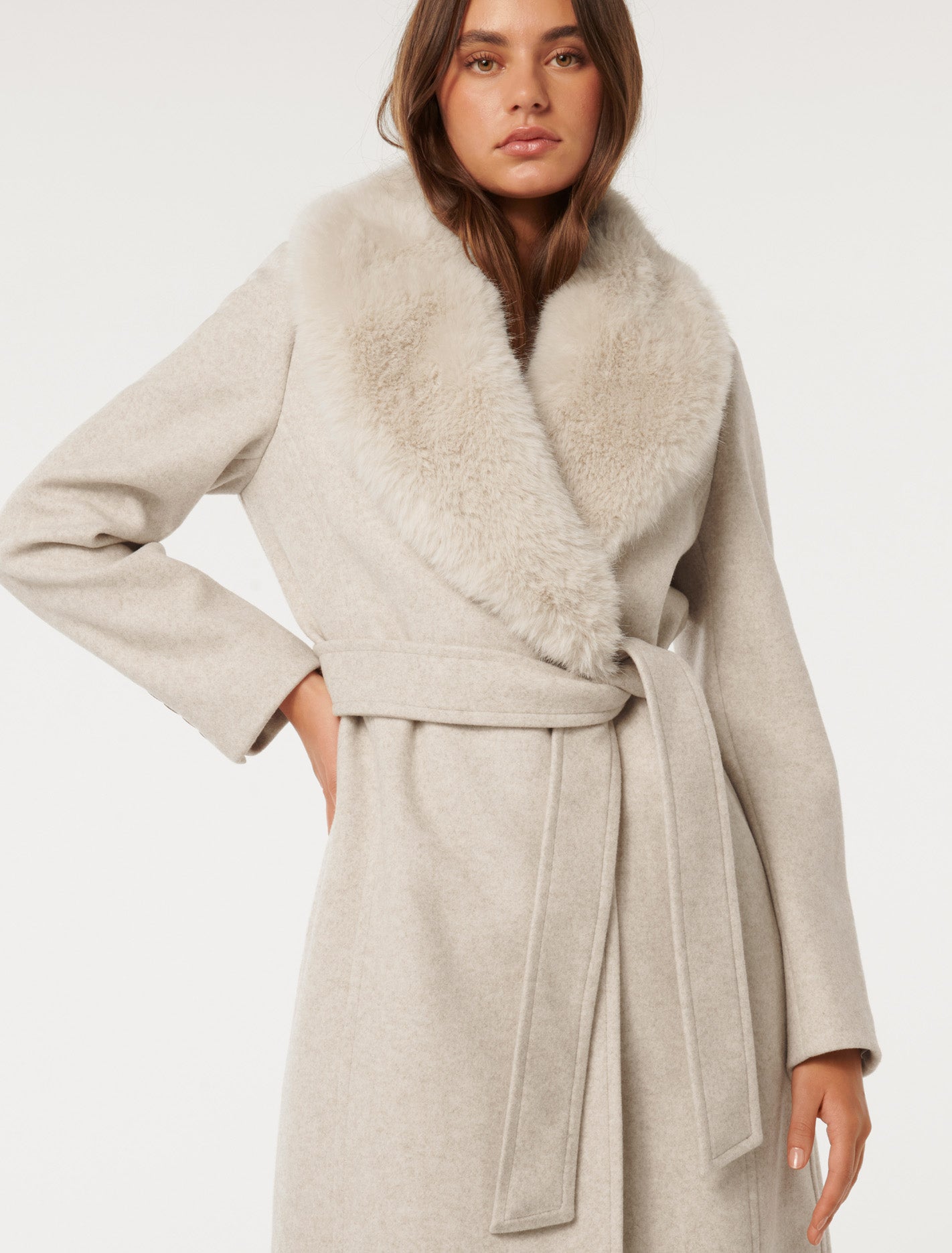 Monica Faux-Fur Collar Wrap Coat Mink Marle