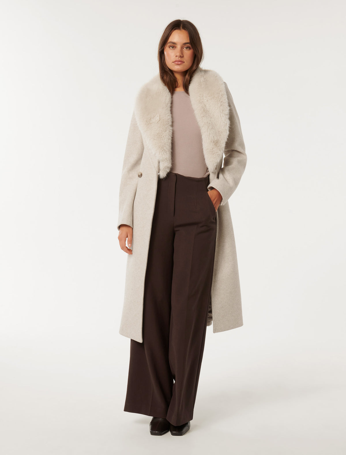 Monica Faux-Fur Collar Wrap Coat Mink Marle