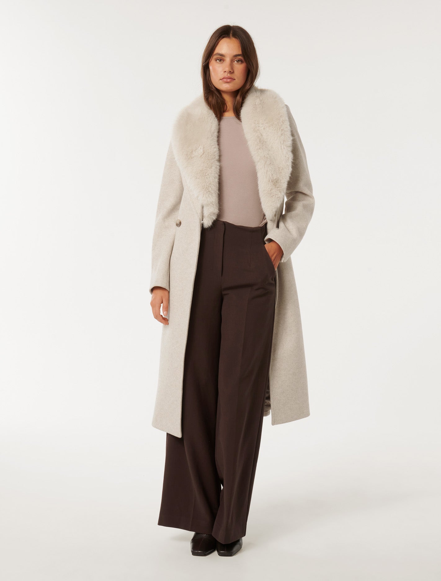 Monica Faux-Fur Collar Wrap Coat Mink Marle