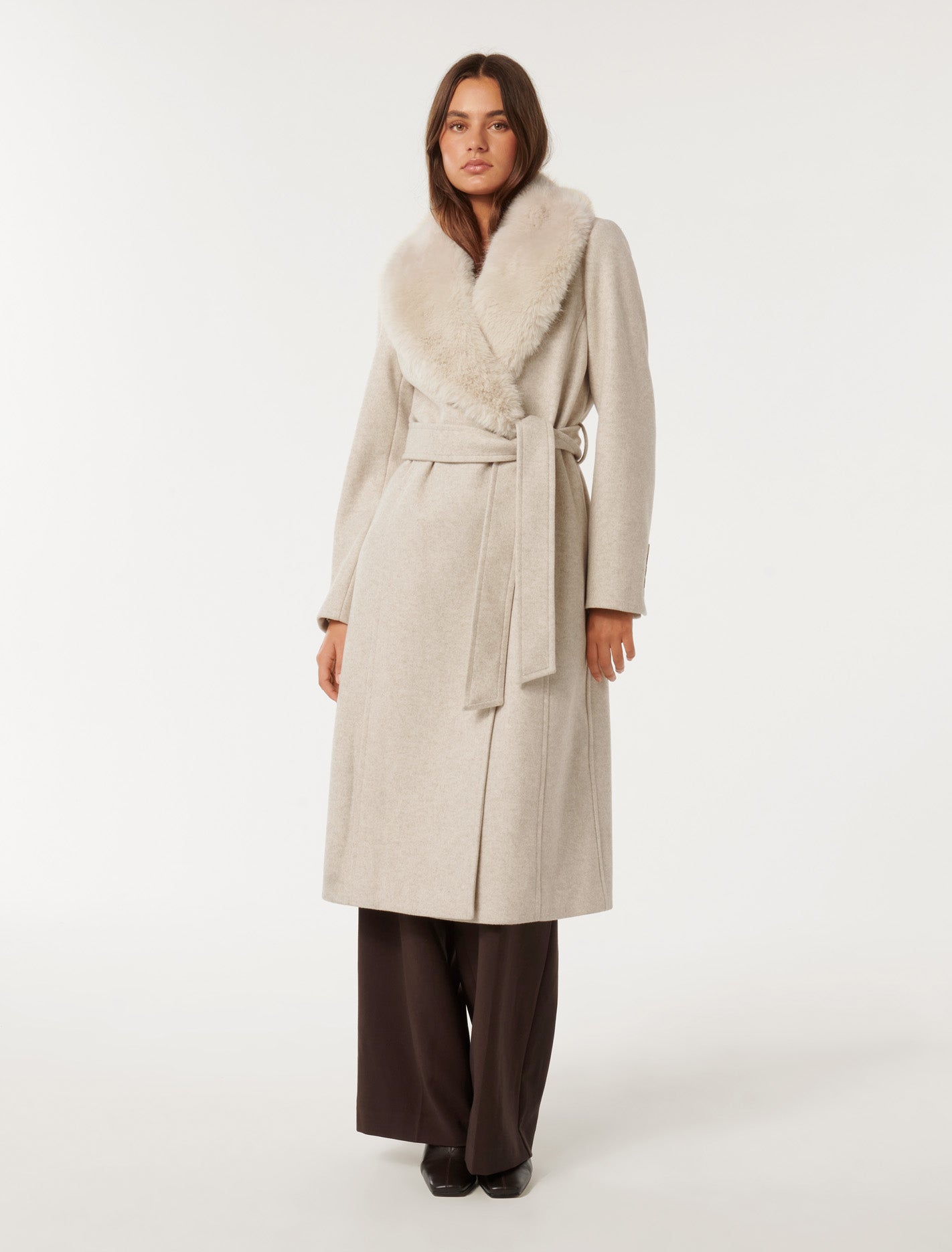 Monica Faux-Fur Collar Wrap Coat Mink Marle
