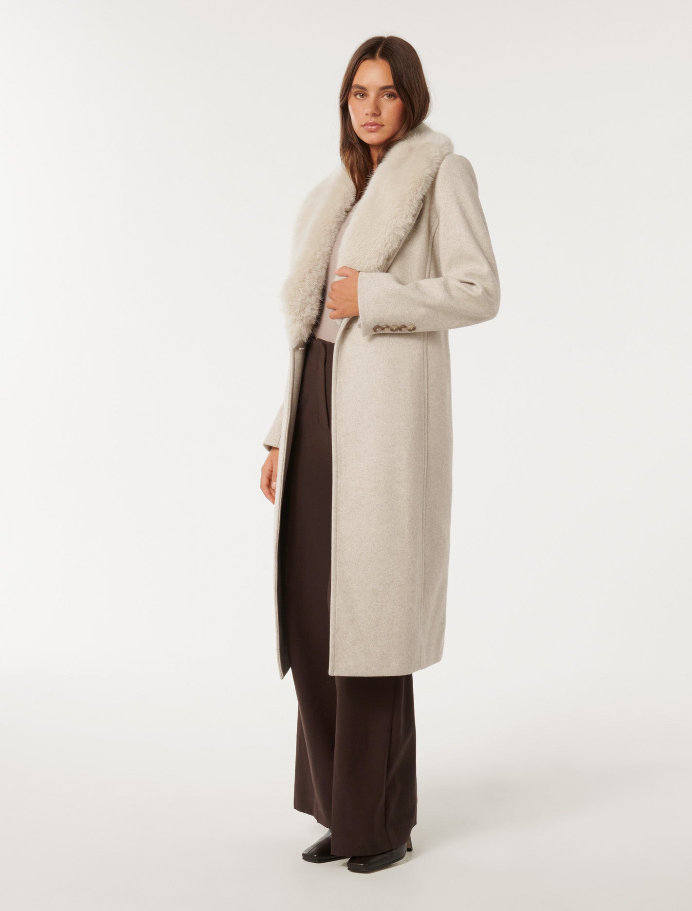 Monica Faux-Fur Collar Wrap Coat Mink Marle