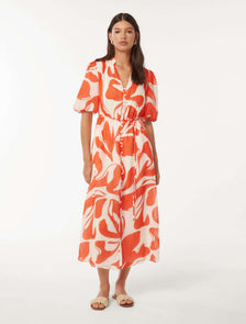 Loren Puff Sleeve Midi Red Ari Abstract