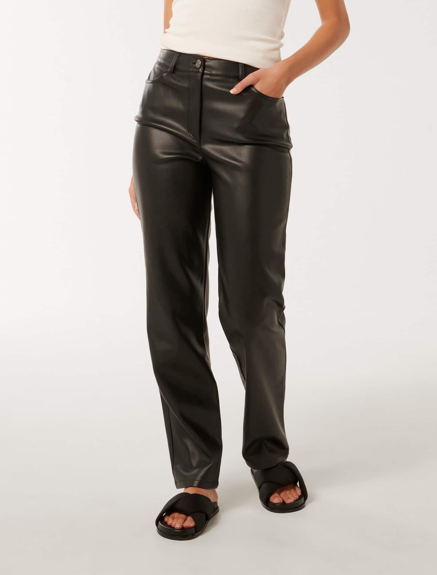 Una Vegan Leather Straight Leg Pant Black