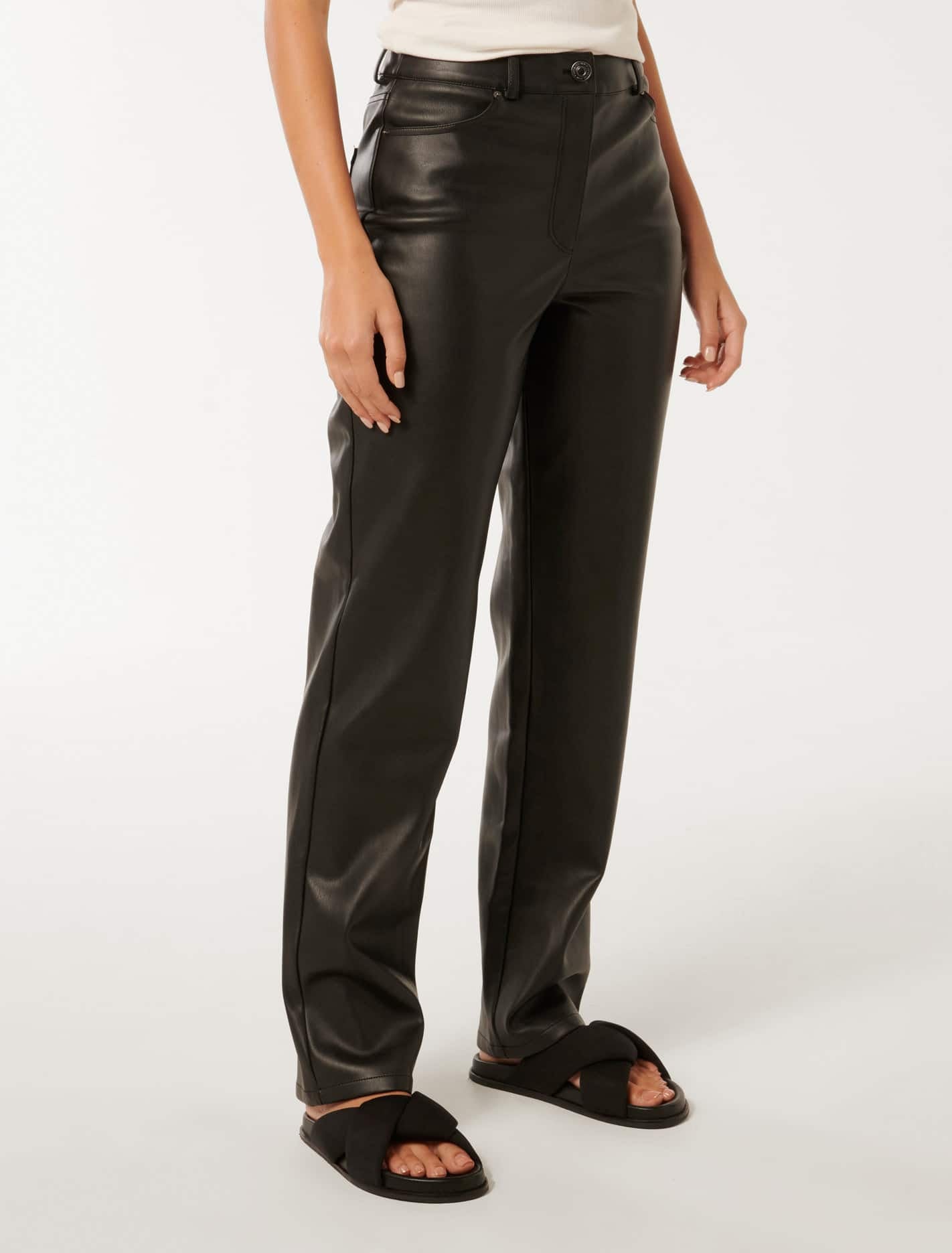 Una Vegan Leather Straight Leg Pant Black