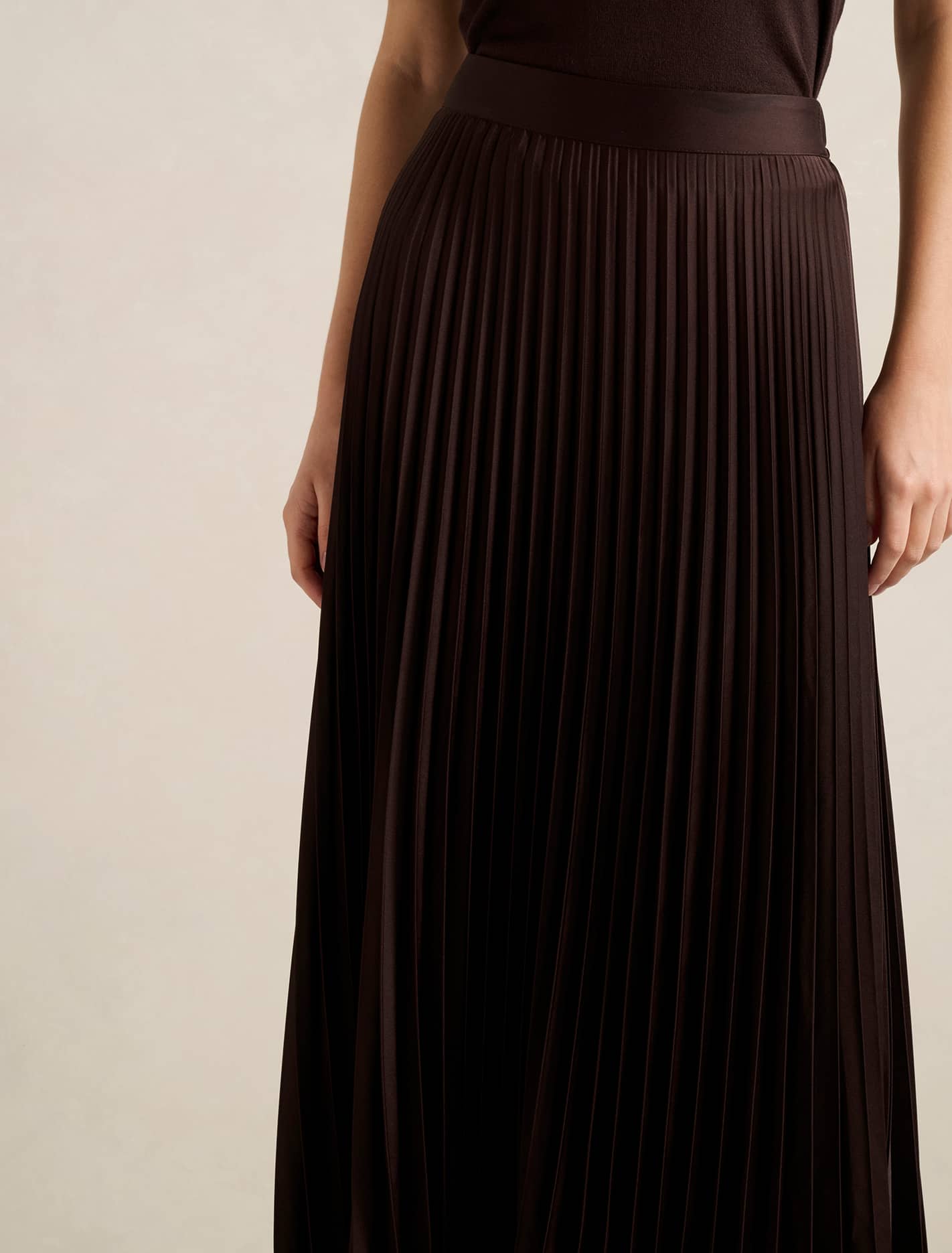 Estelle Satin Pleated Midi Skirt Chocolate