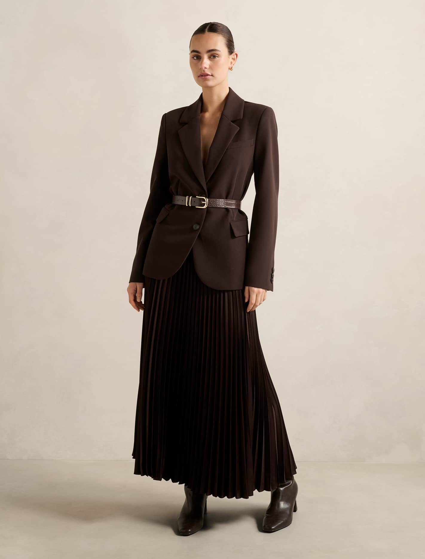 Estelle Satin Pleated Midi Skirt Chocolate