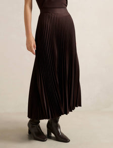 Estelle Satin Pleated Midi Skirt Chocolate