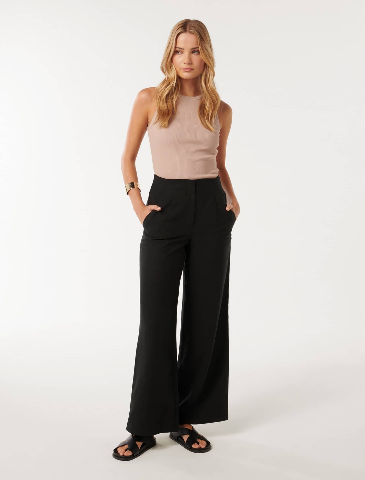 Mona Linen Wide Leg Pant Black