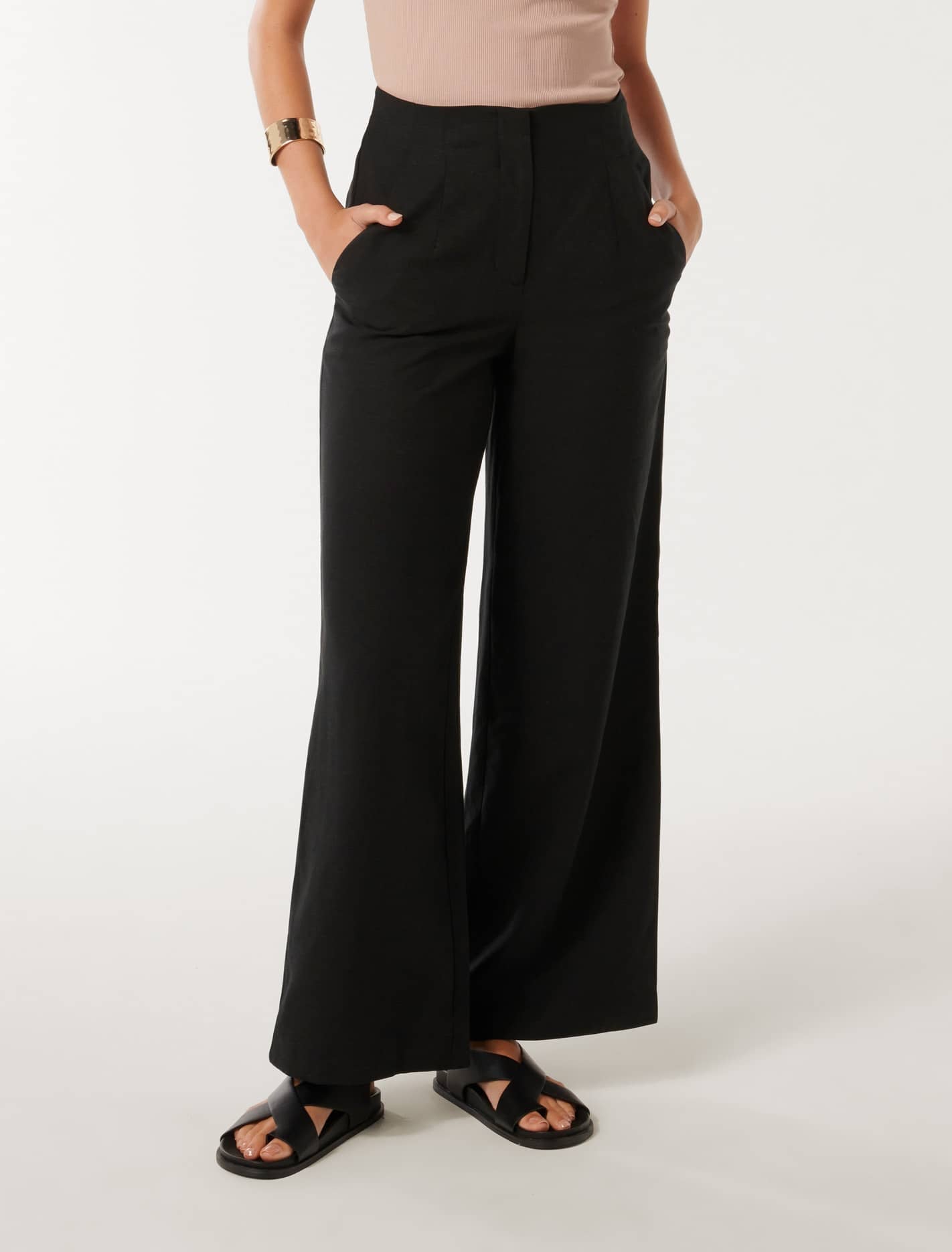 Mona Linen Wide Leg Pant Black