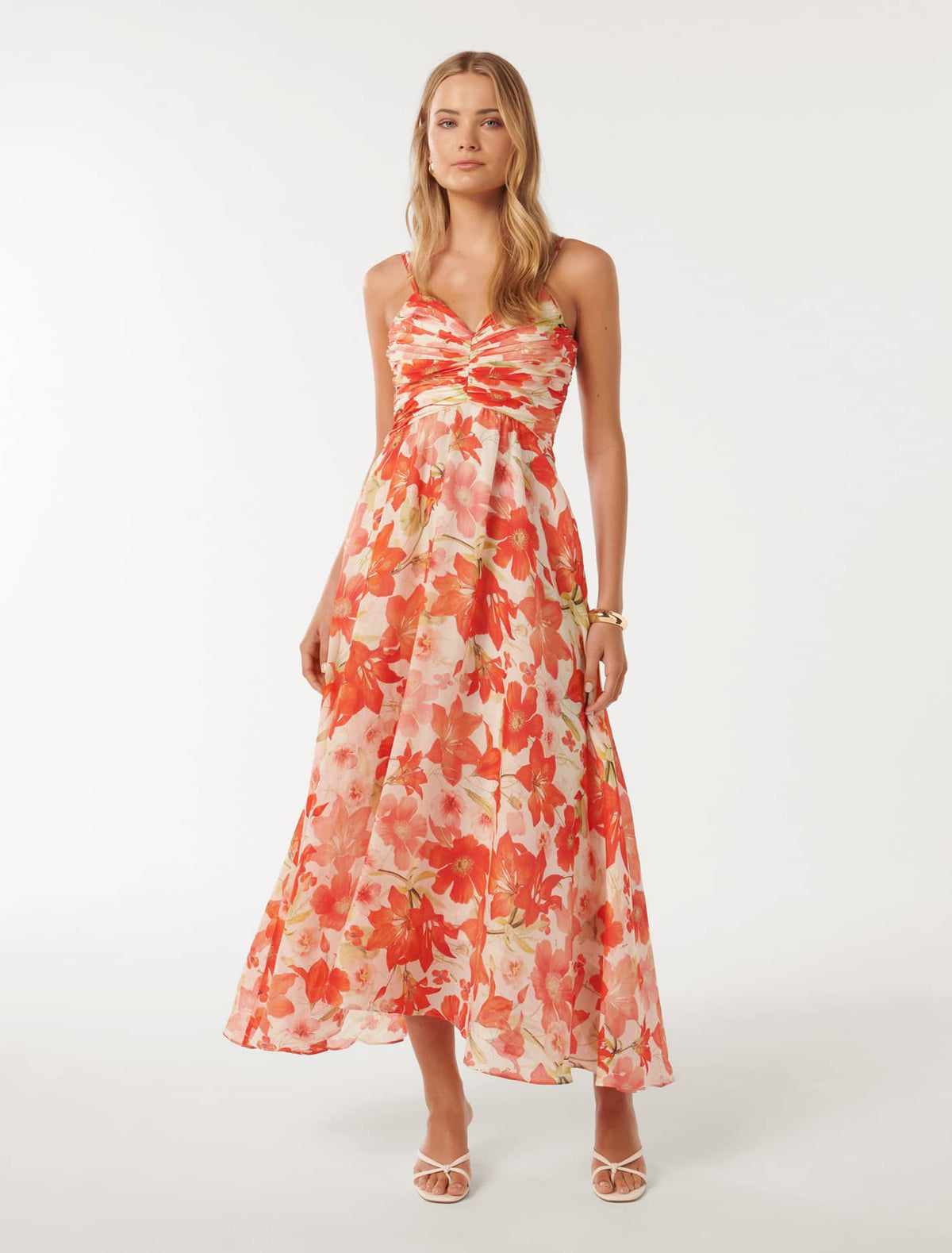 Jolie Strappy Ruched Bodice Maxi Red Calida Botanical