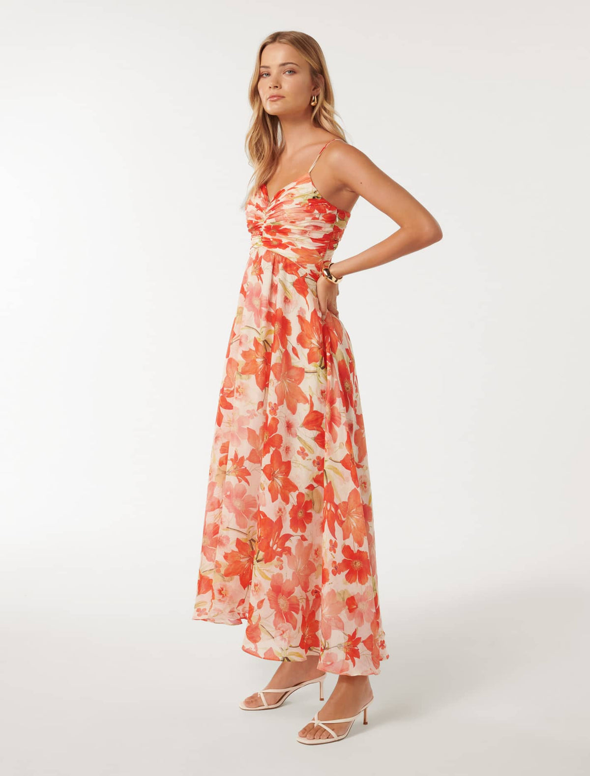 Jolie Strappy Ruched Bodice Maxi Red Calida Botanical