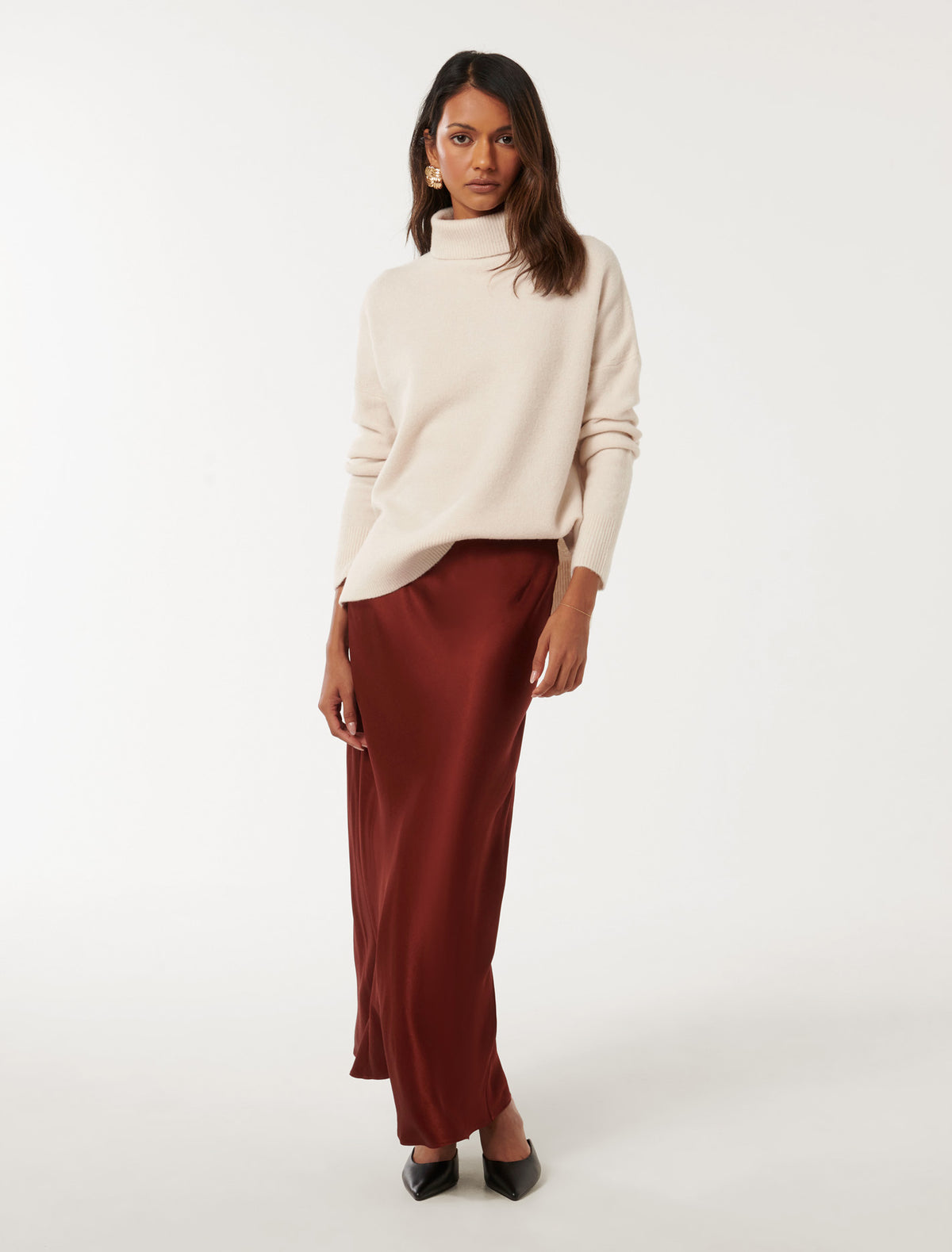 Prue Petite Satin Bias Midaxi Skirt Burnt Red