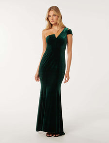 Elena Velvet One-Shoulder Gown Hunter Green