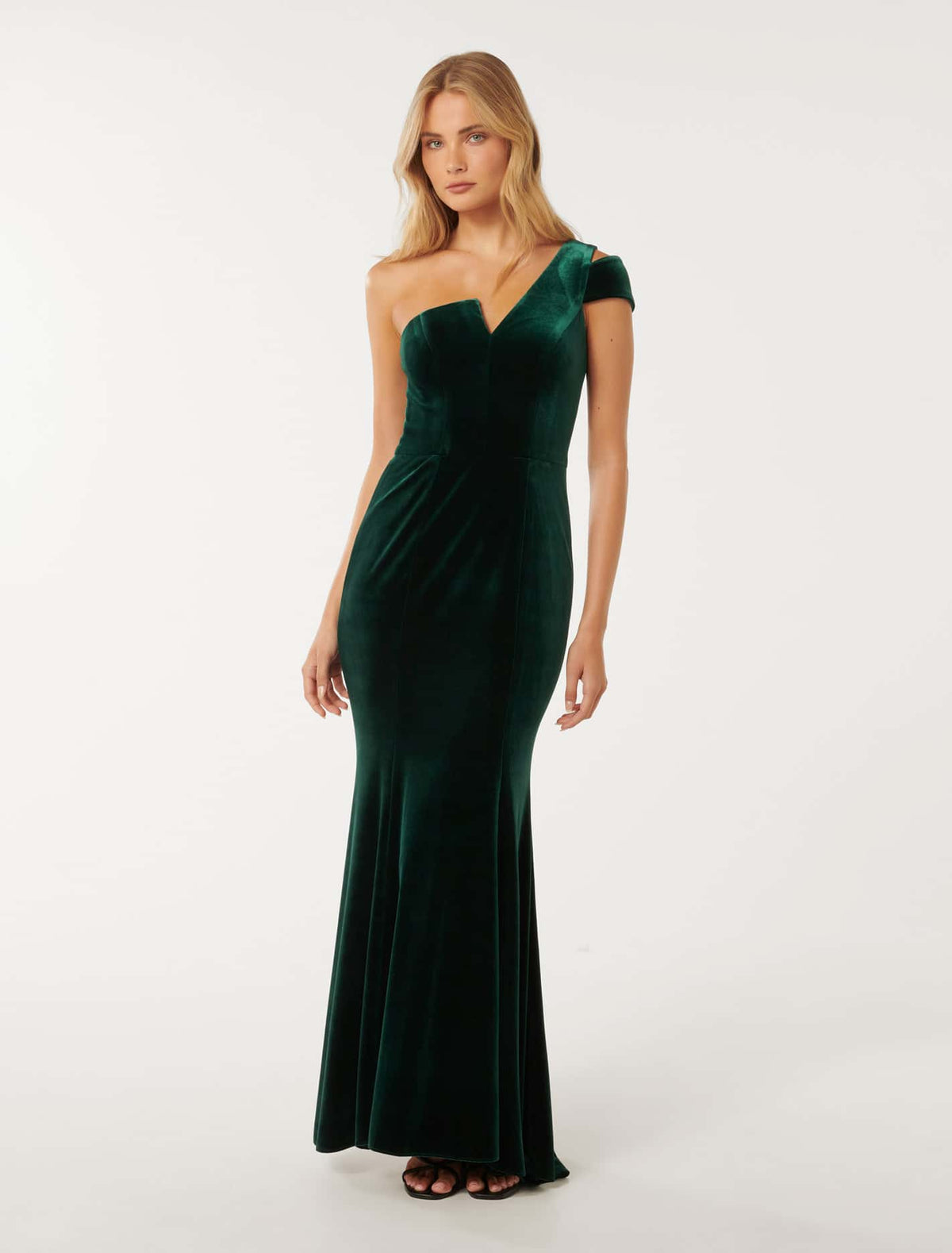 Elena Velvet One-Shoulder Gown Hunter Green