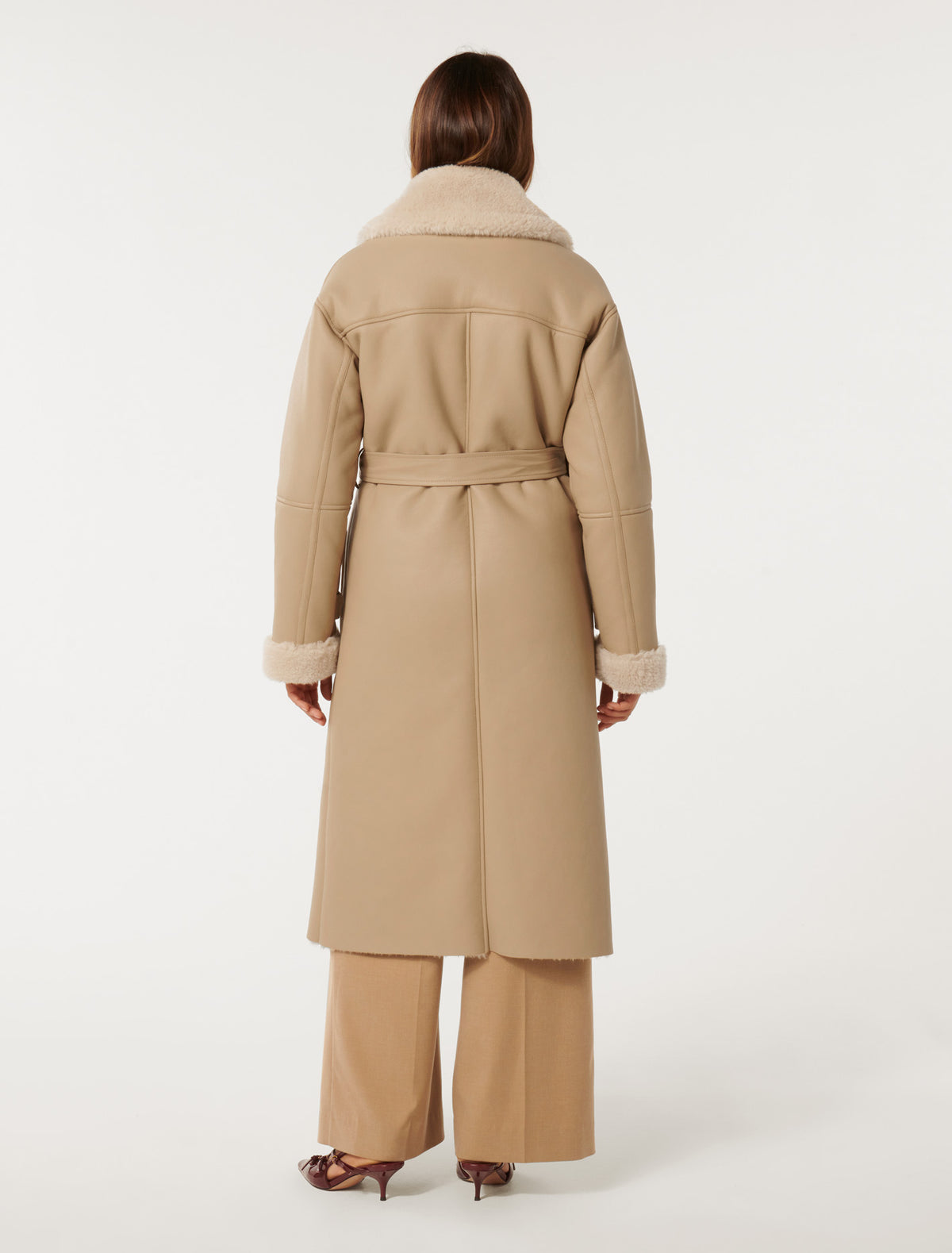 Alix Vegan Leather Shearling Maxi Coat Light Camel