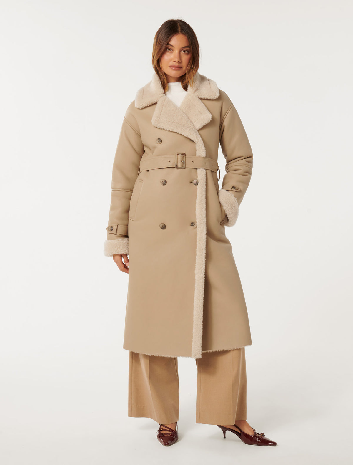 Alix Vegan Leather Shearling Maxi Coat Light Camel