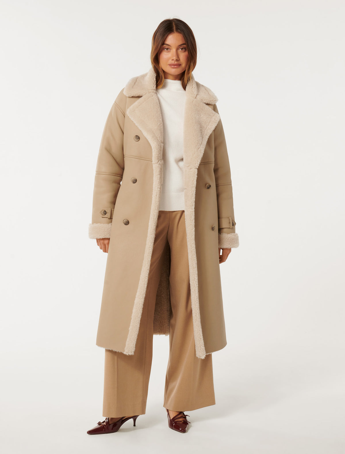 Alix Vegan Leather Shearling Maxi Coat Light Camel