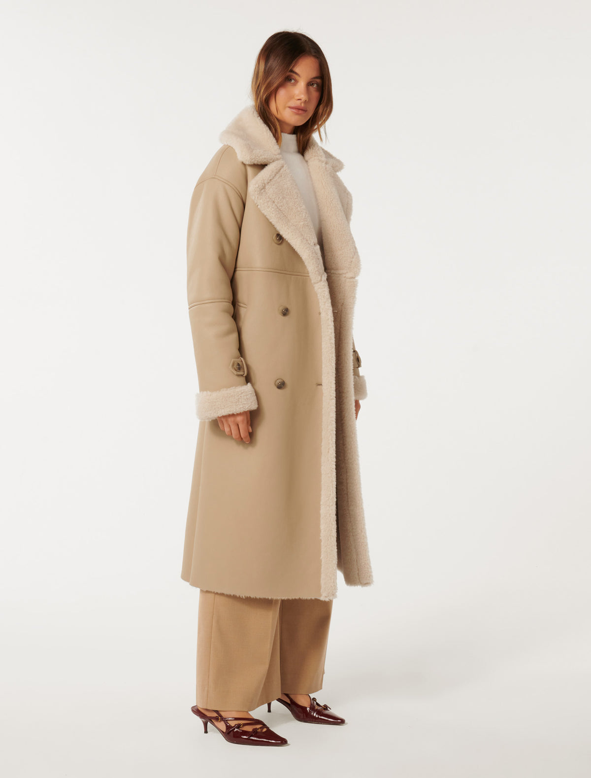 Alix Vegan Leather Shearling Maxi Coat Light Camel