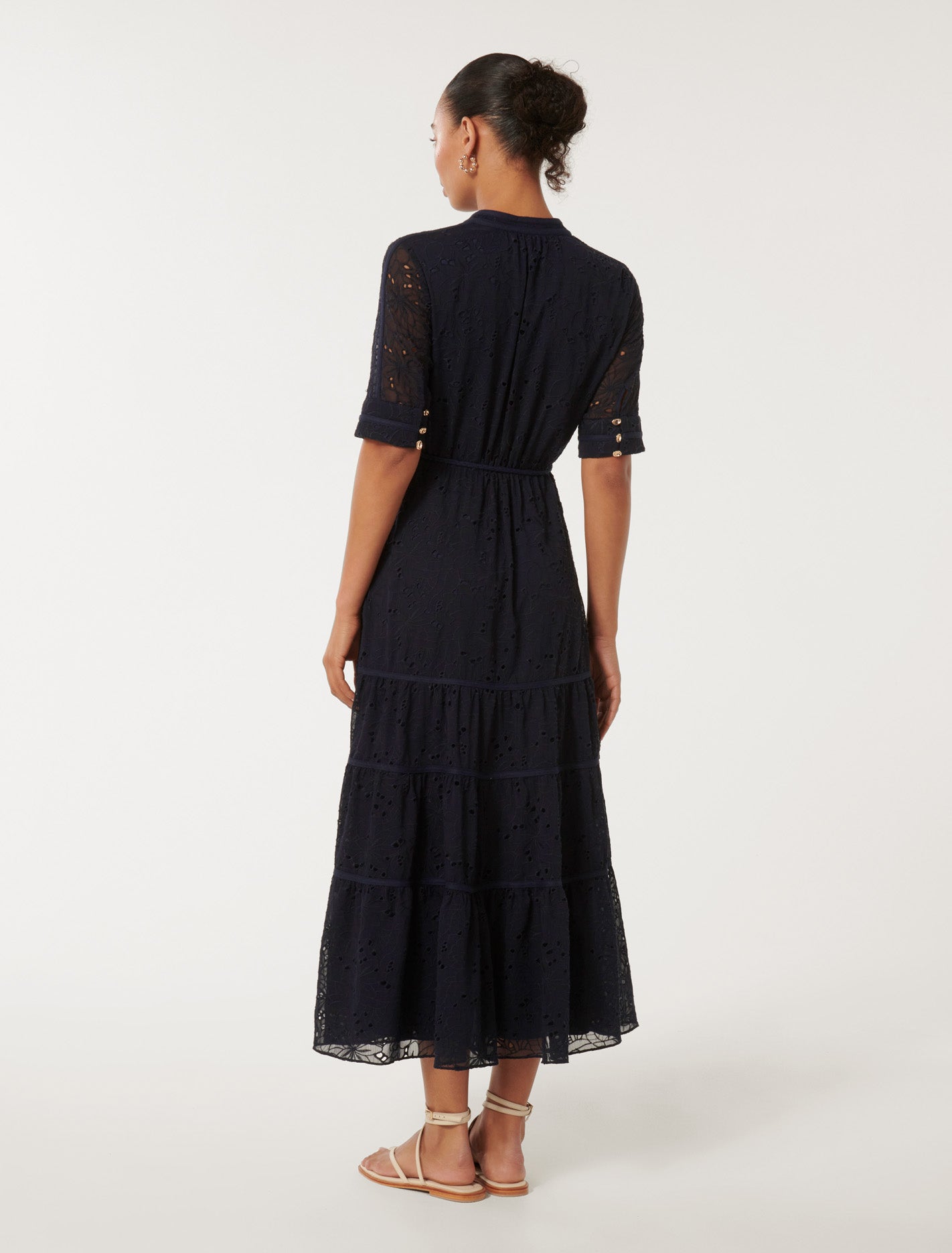 Rachel Embroidered Short Sleeve Midi Dress Navy