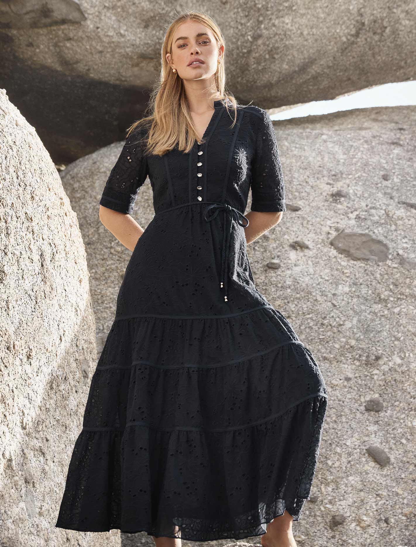 Rachel Embroidered Short Sleeve Midi Dress Navy