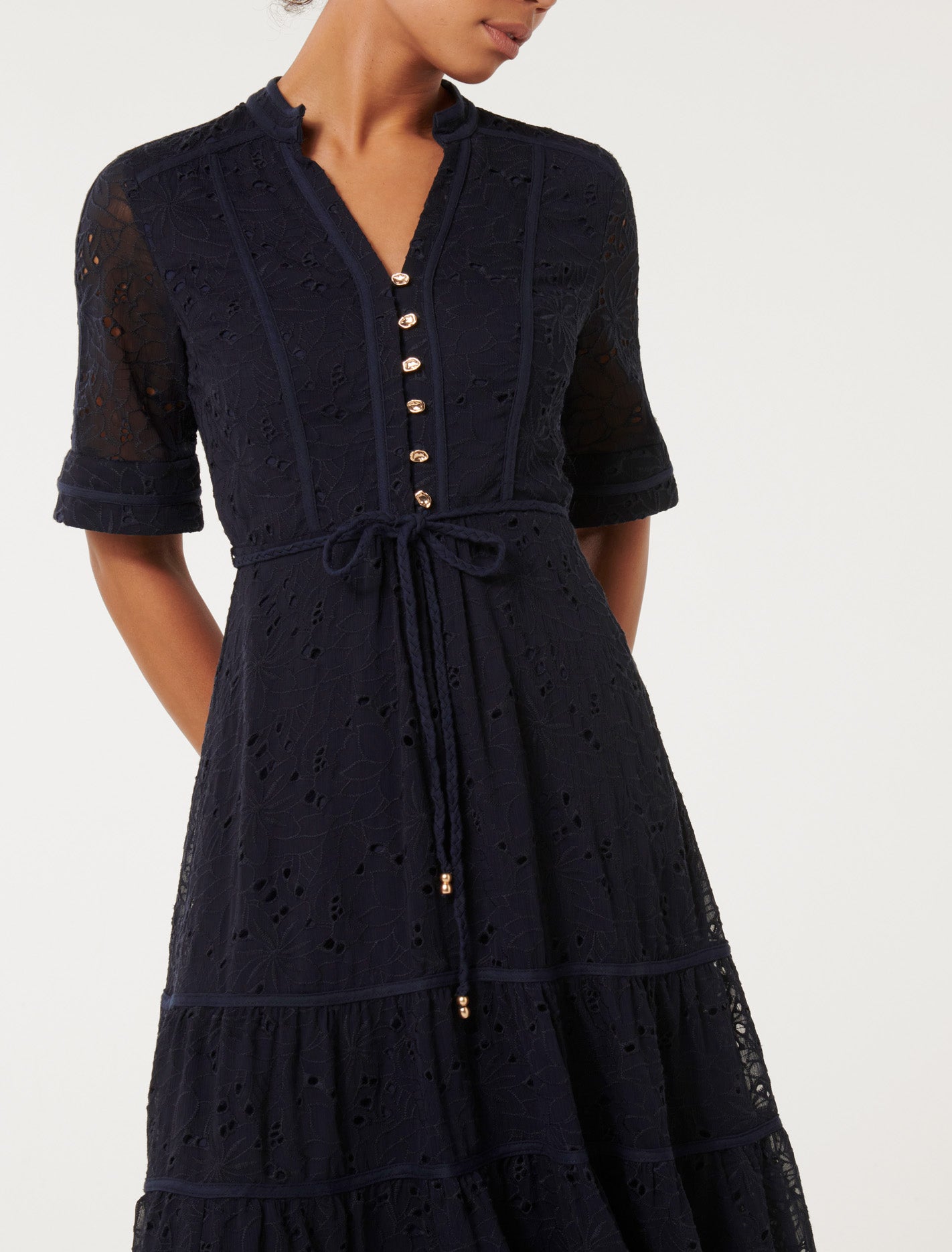 Rachel Embroidered Short Sleeve Midi Dress Navy