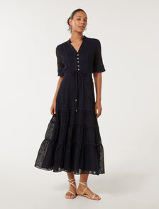 Rachel Embroidered Short Sleeve Midi Dress Navy