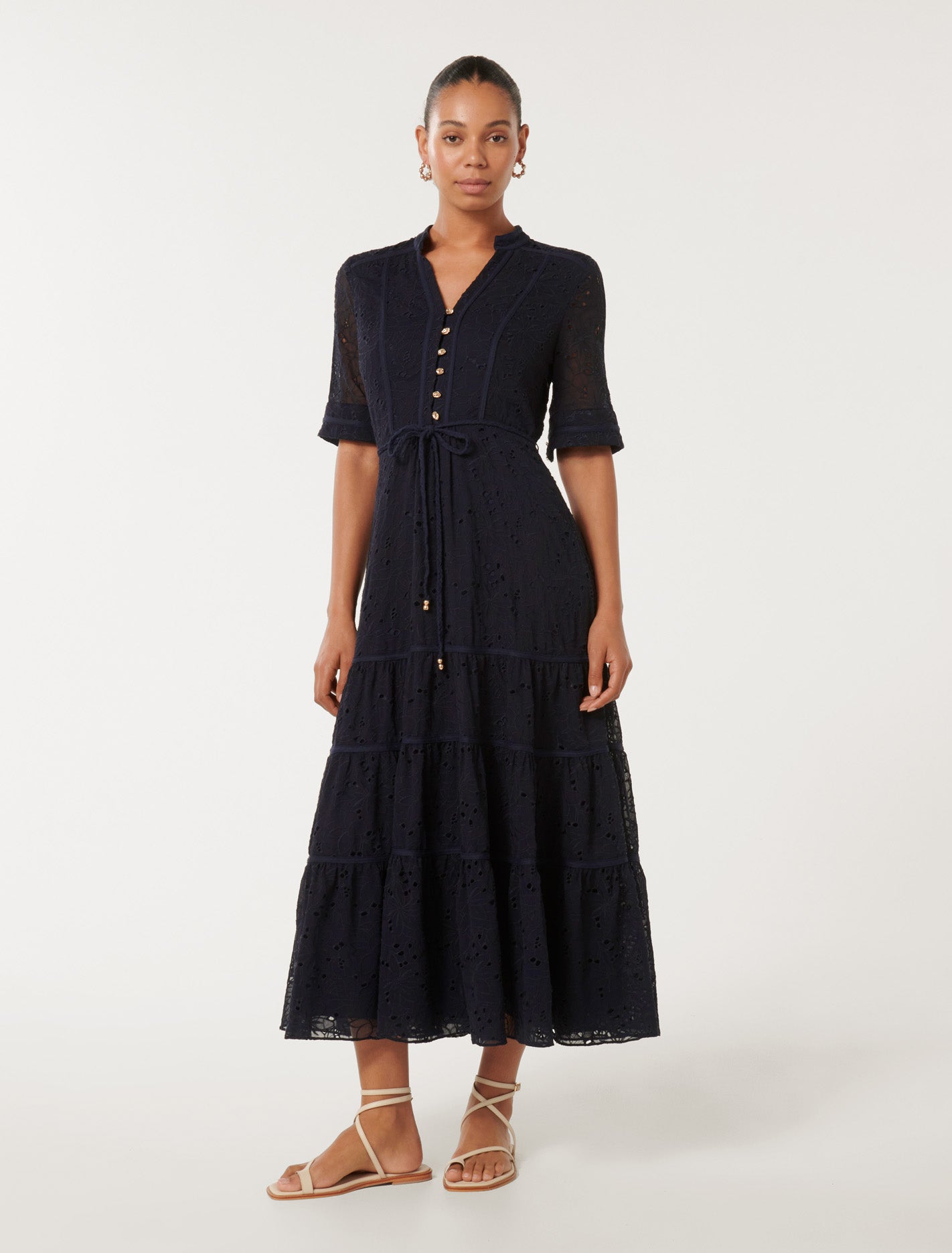 Rachel Embroidered Short Sleeve Midi Dress Navy