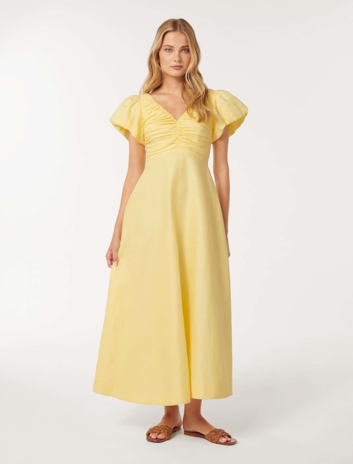 June Ruched Linen Midi Creme Anglaise