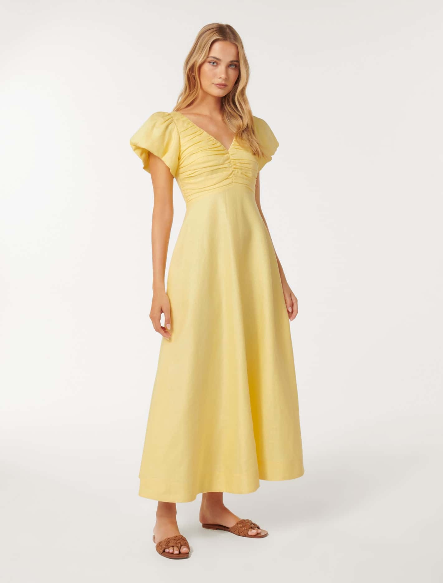 June Ruched Linen Midi Creme Anglaise