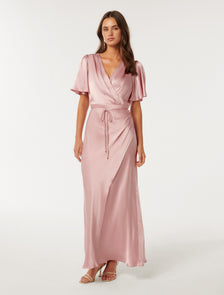Chelsea Flutter Sleeve Satin Maxi Soft Blush