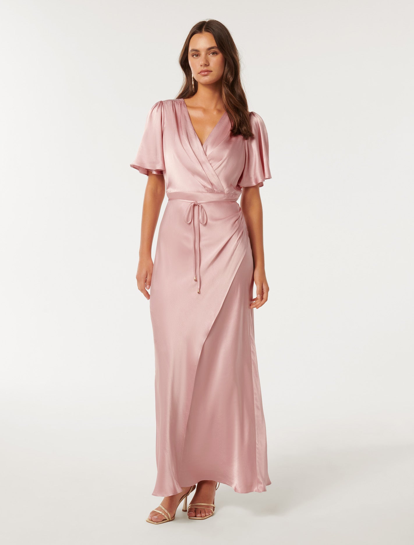 Chelsea Flutter Sleeve Satin Maxi Soft Blush