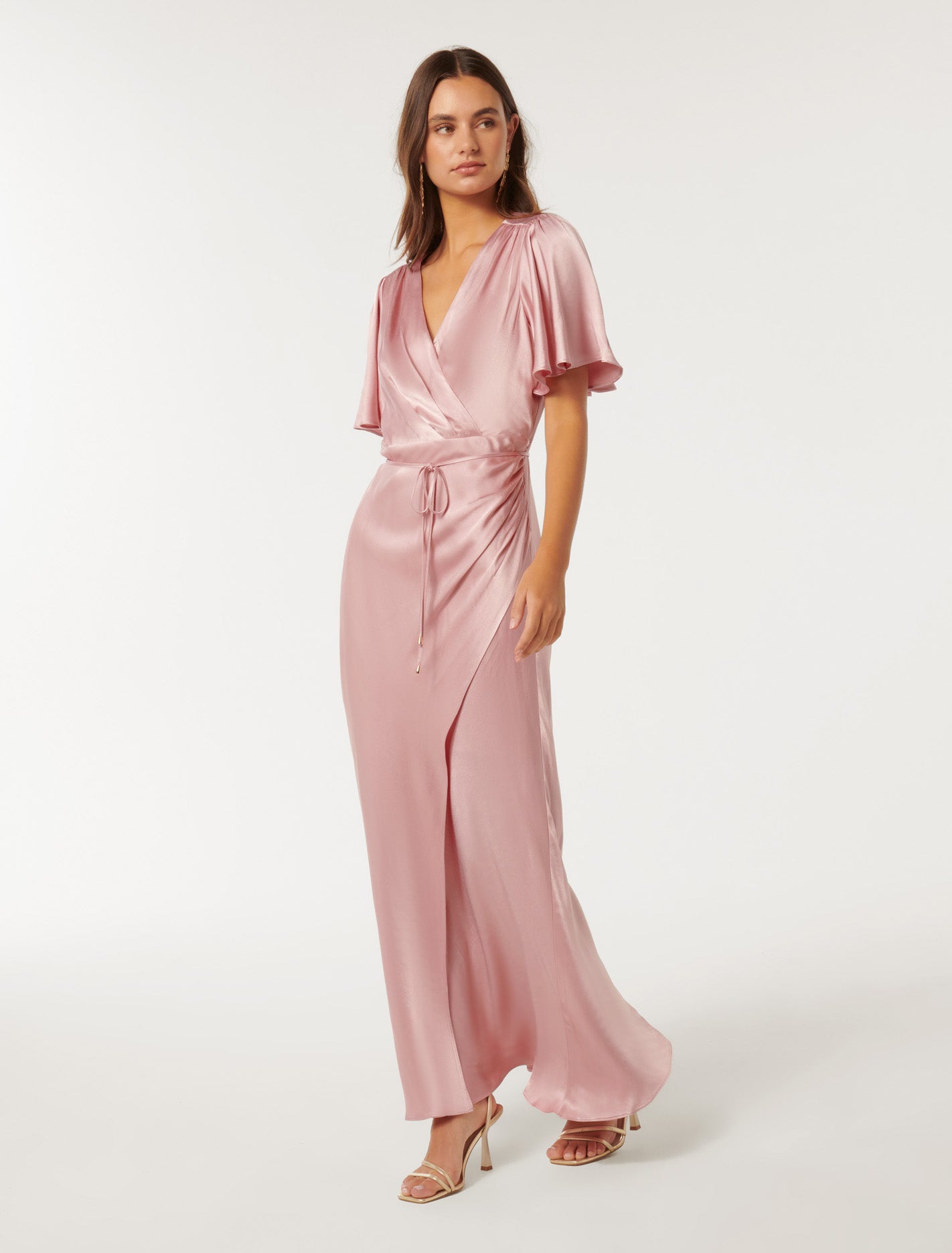 Chelsea Flutter Sleeve Satin Maxi Soft Blush
