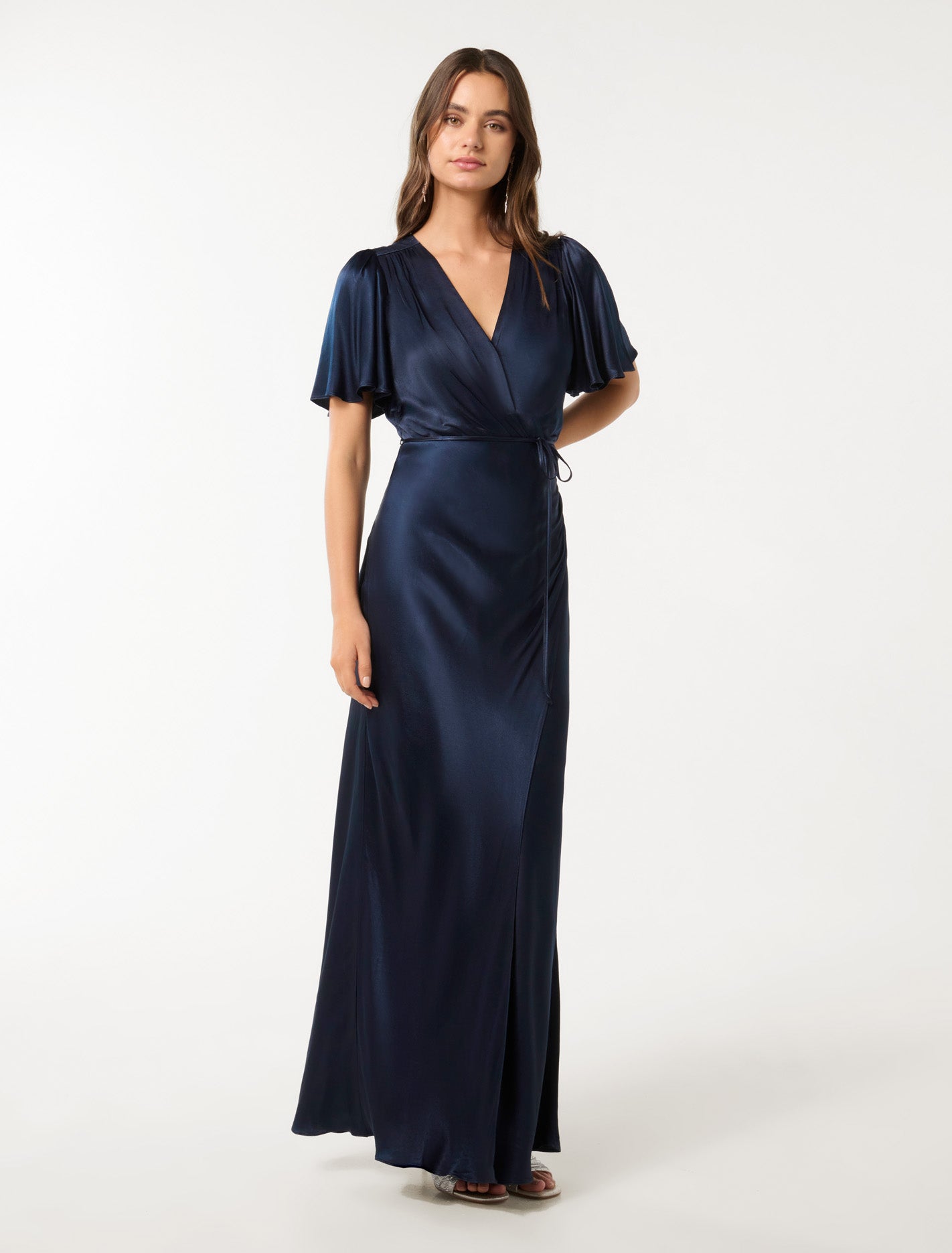 Chelsea Flutter Sleeve Satin Maxi Deep Navy