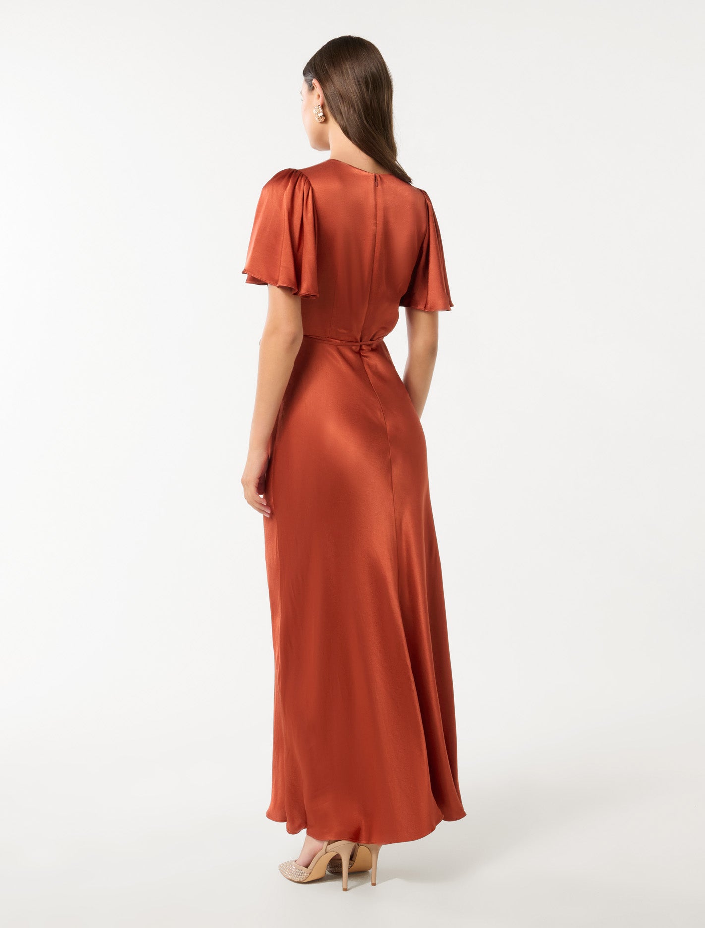 Chelsea Flutter-Sleeve Satin Maxi Dress Burnt Orange