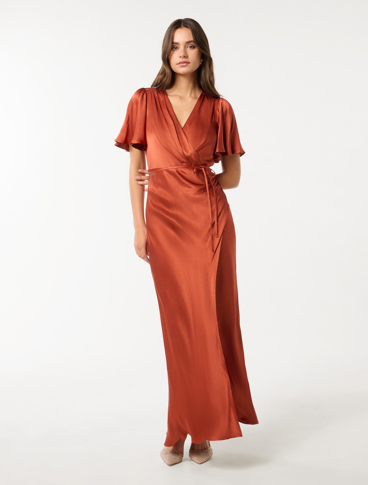 Chelsea Flutter-Sleeve Satin Maxi Dress Burnt Orange