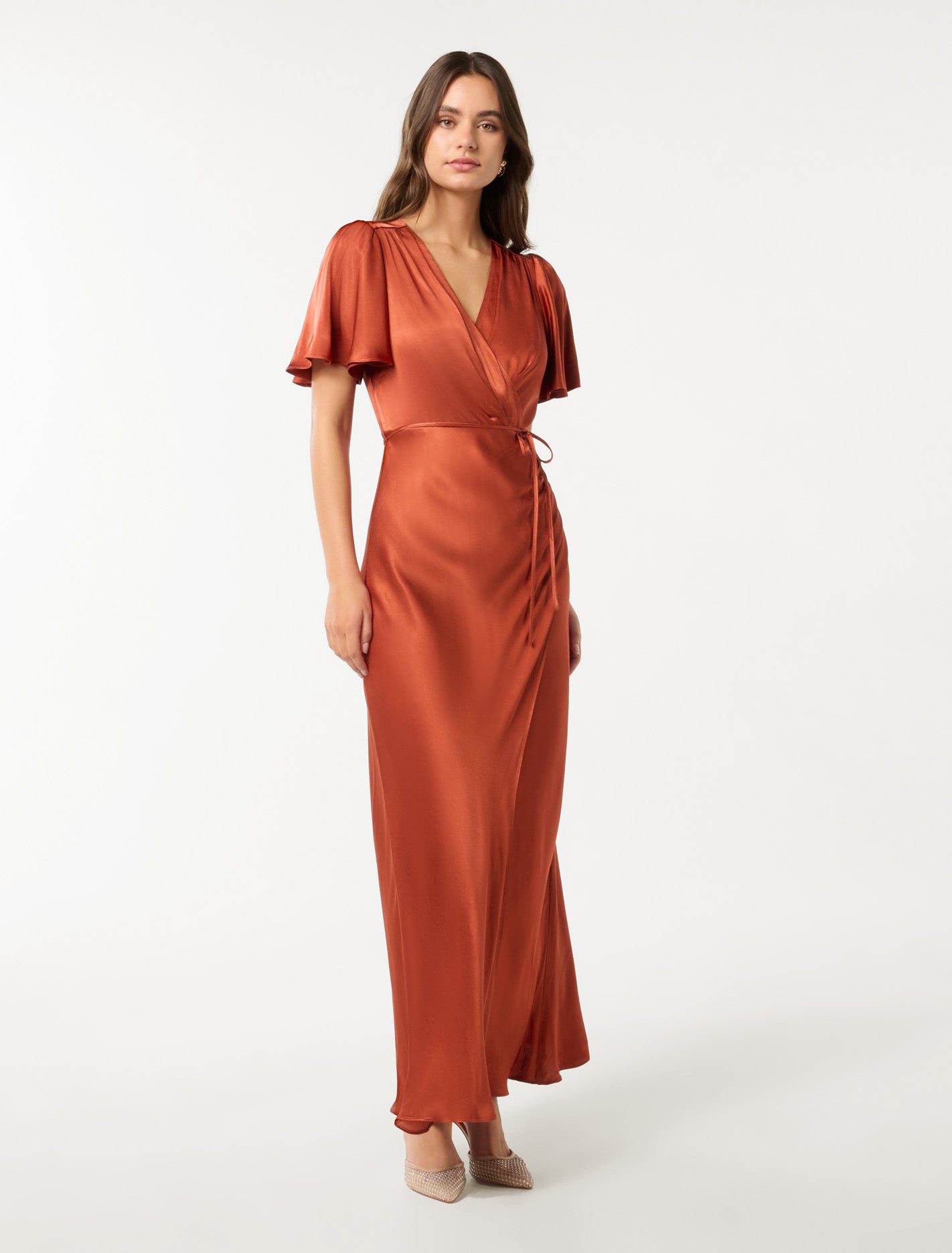 Chelsea Flutter-Sleeve Satin Maxi Dress Burnt Orange