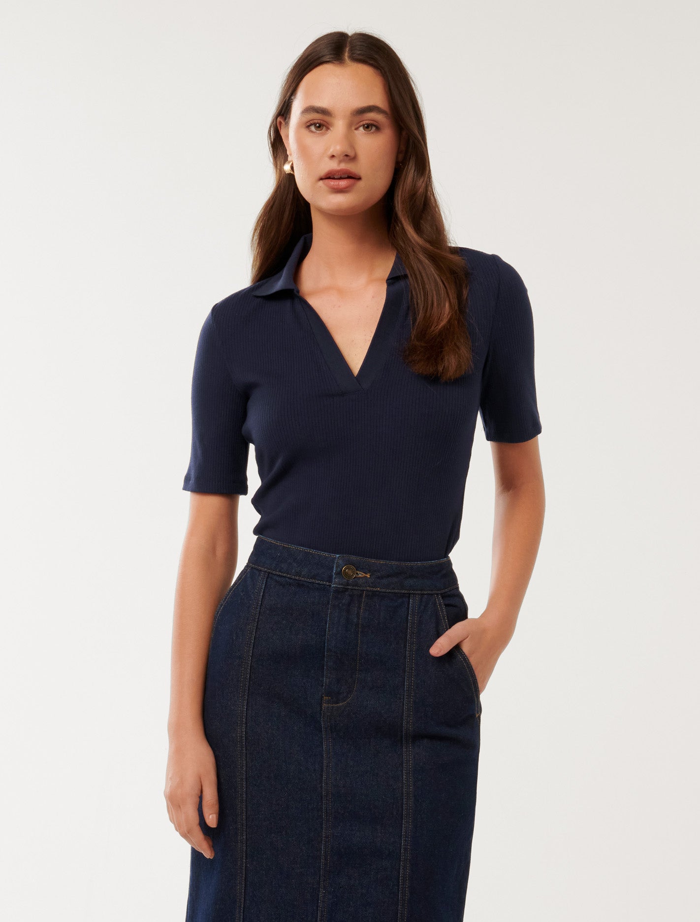 Pamela Polo V-Neck Top Navy
