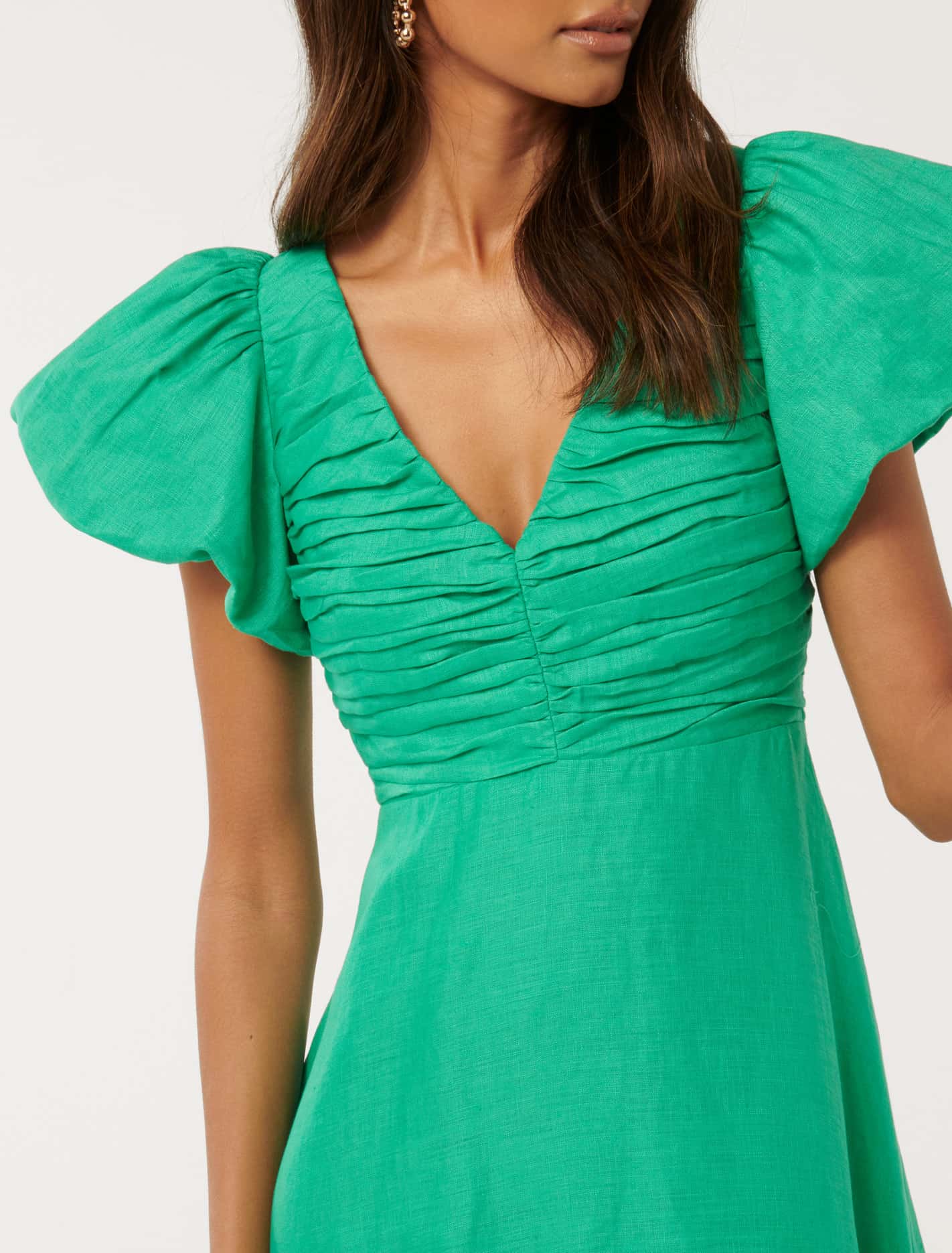 June Petite Ruched Linen Midi Atlantis