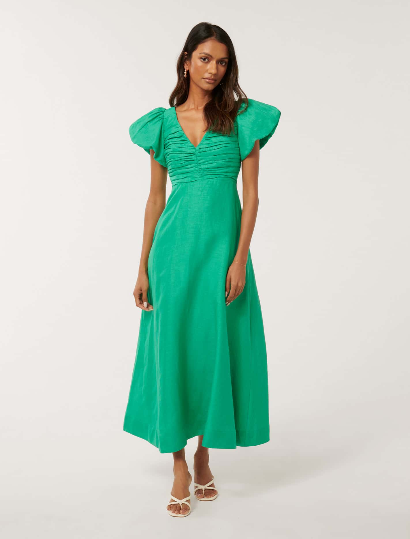 June Petite Ruched Linen Midi Atlantis
