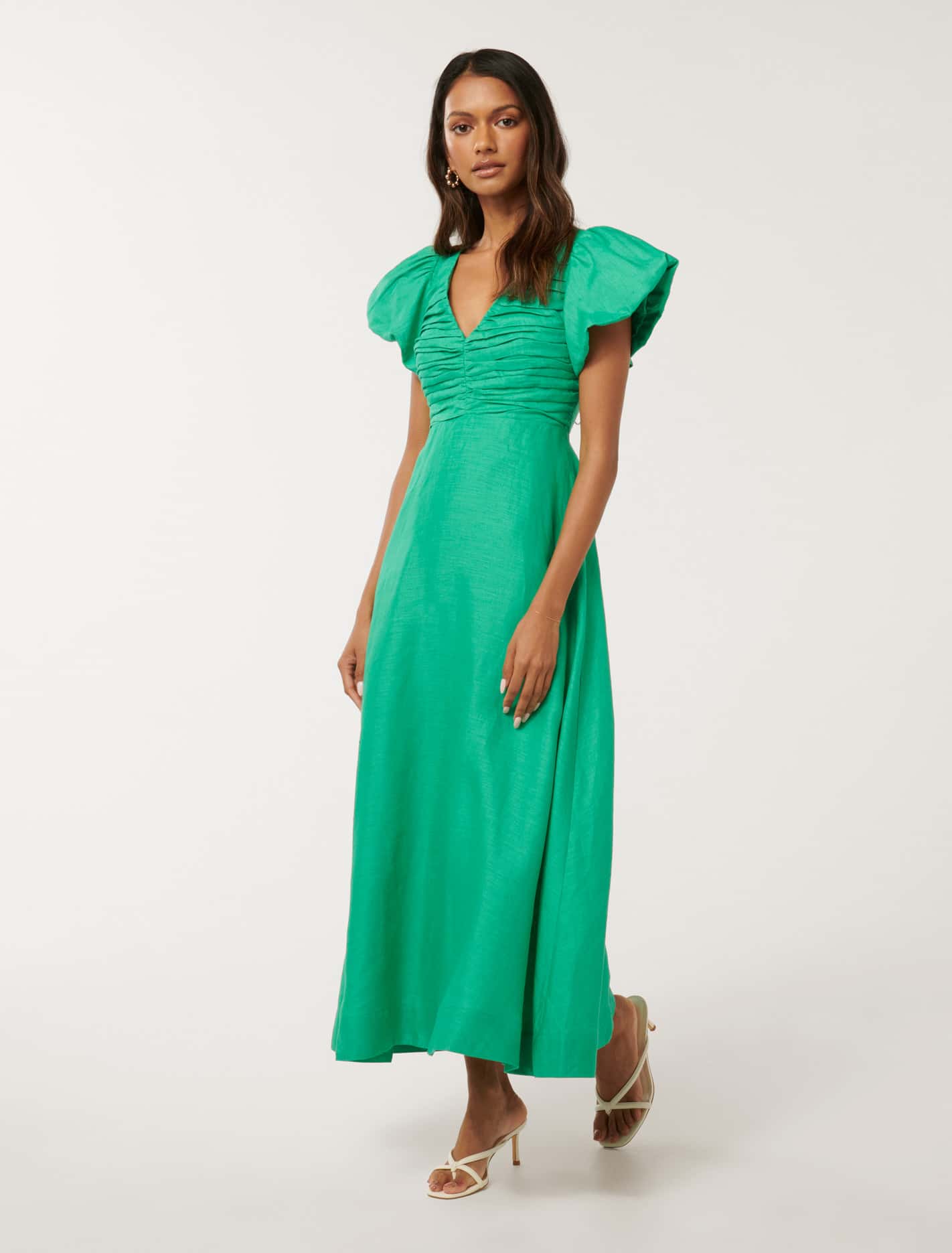 June Petite Ruched Linen Midi Atlantis
