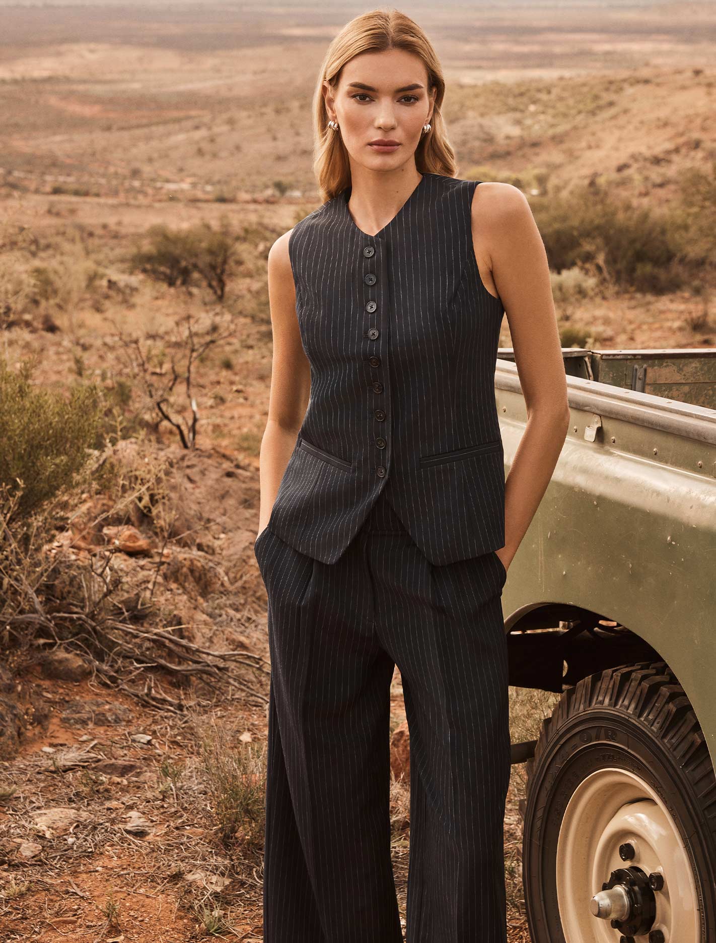 Noa Pinstripe Wide Leg Pants Navy Pinstripe Suit