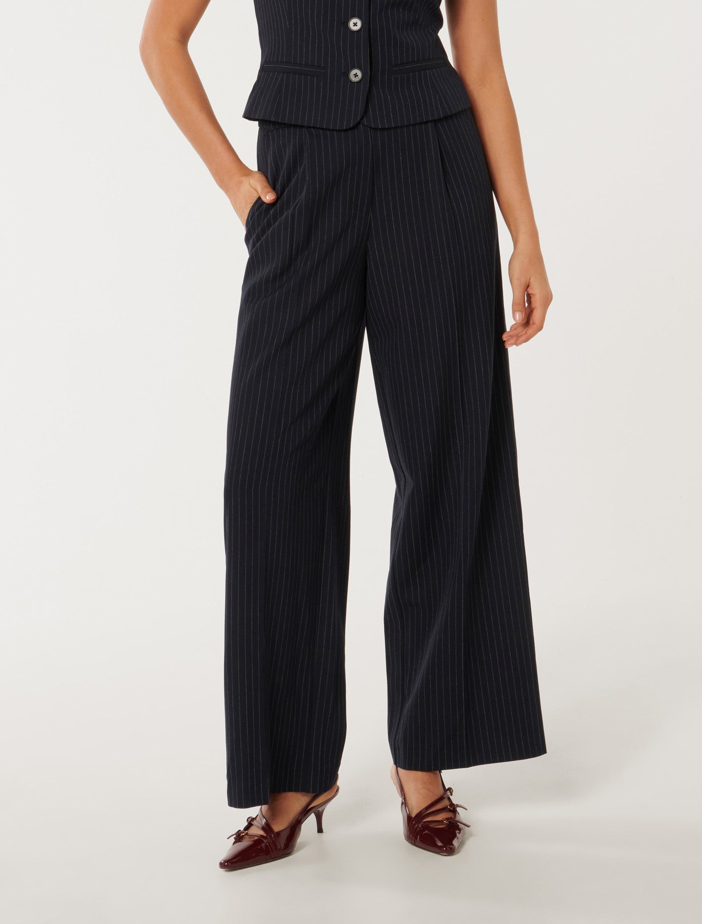 Noa Pinstripe Wide Leg Pants Navy Pinstripe Suit